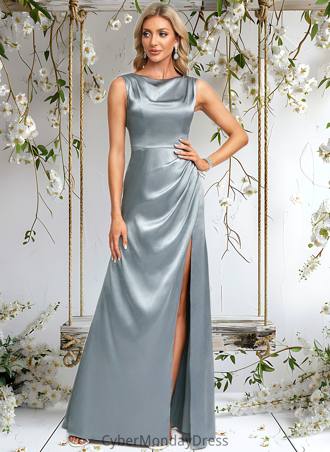 Ashlee A-line Scoop Cowl Floor-Length Stretch Satin Prom Dresses DTP0025878