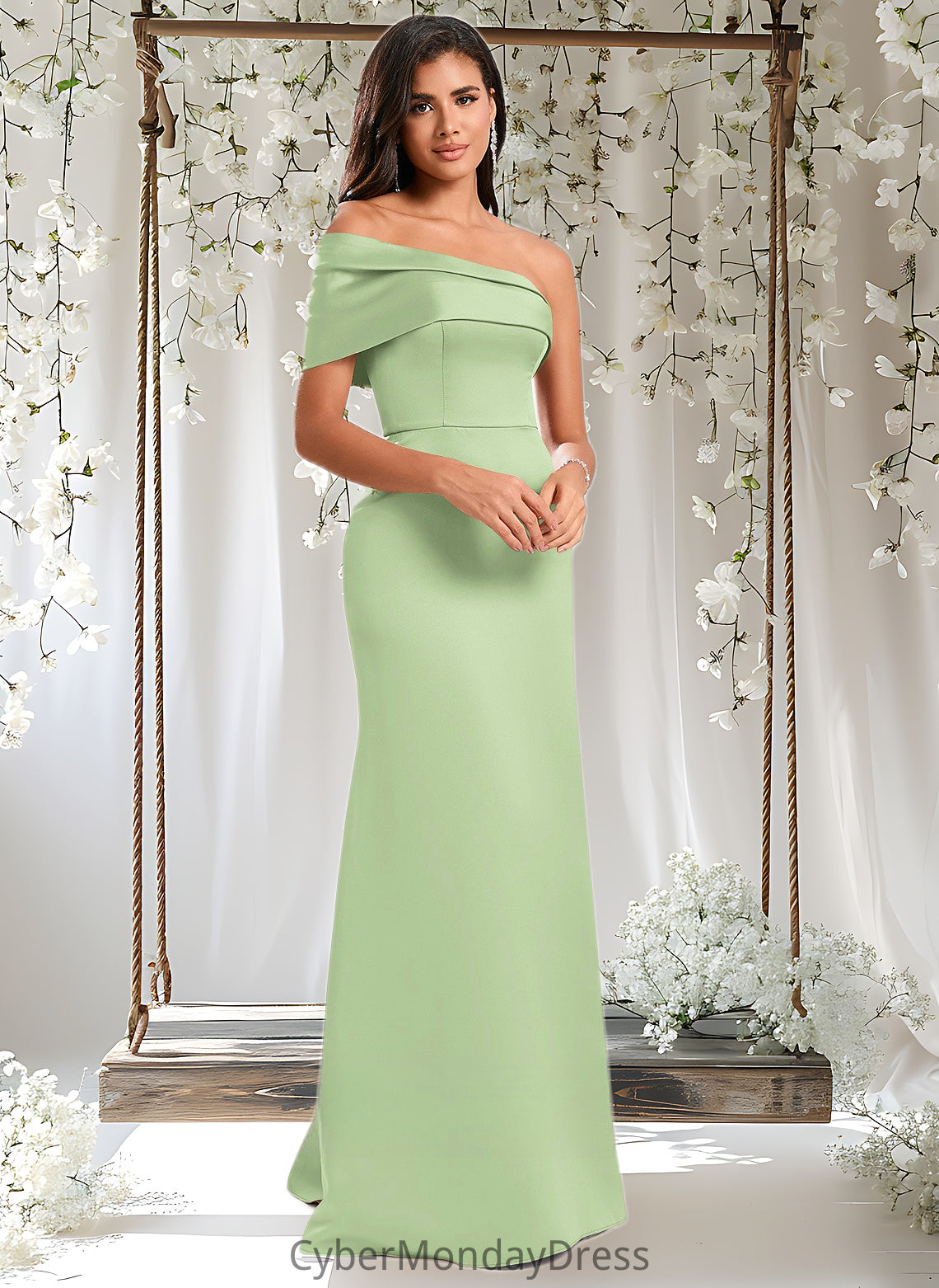 Cheyanne A-line Asymmetrical Off the Shoulder Floor-Length Satin Prom Dresses DTP0025884