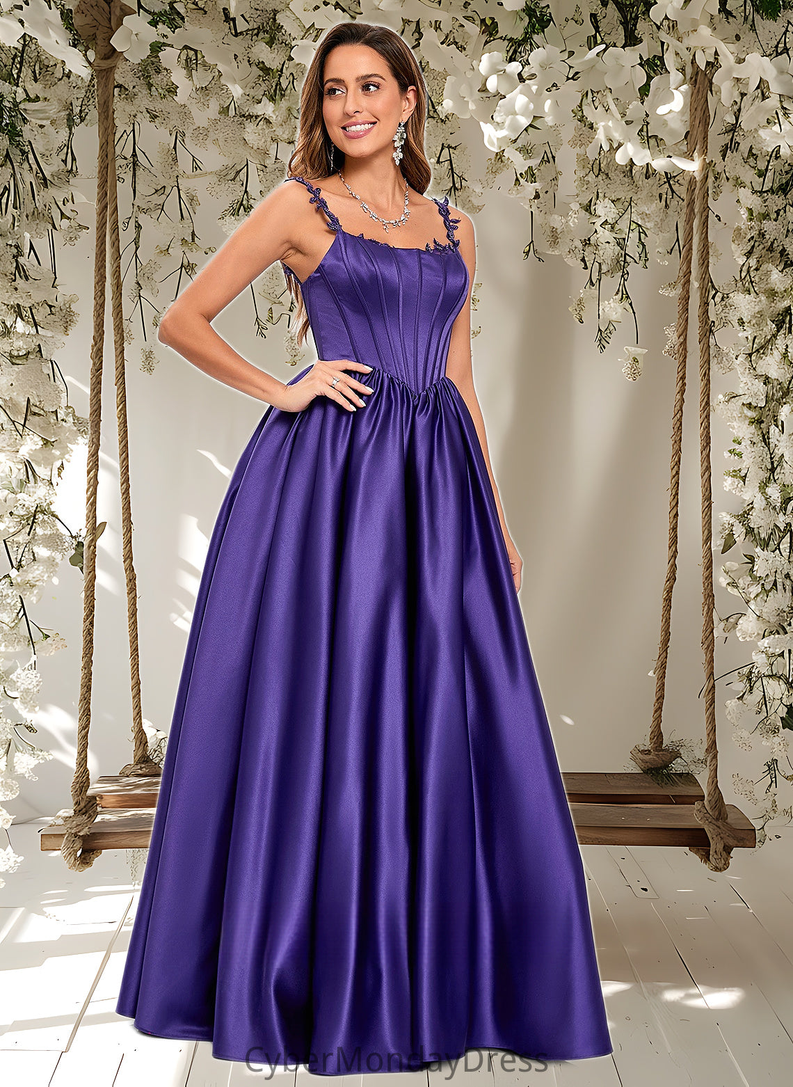 Minnie Ball-Gown/Princess Scoop Floor-Length Satin Prom Dresses With Appliques Lace Beading DTP0025865