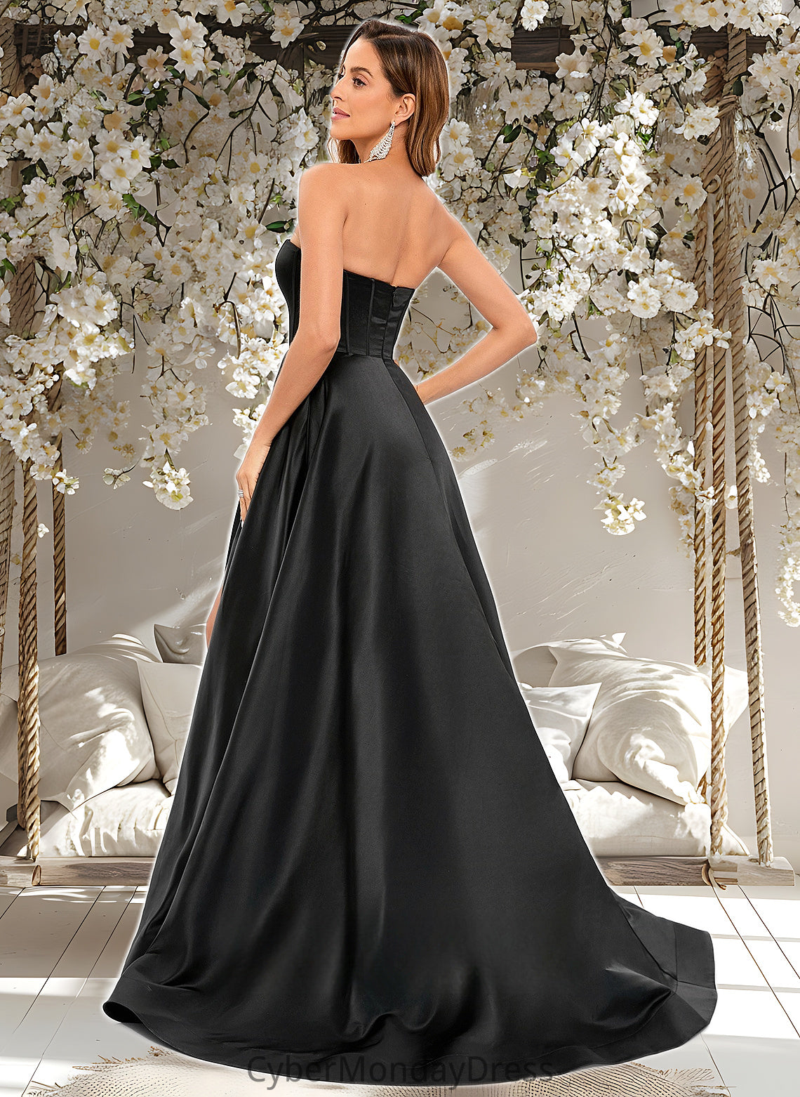 Jayleen A-line V-Neck Sweep Train Satin Prom Dresses DTP0025842