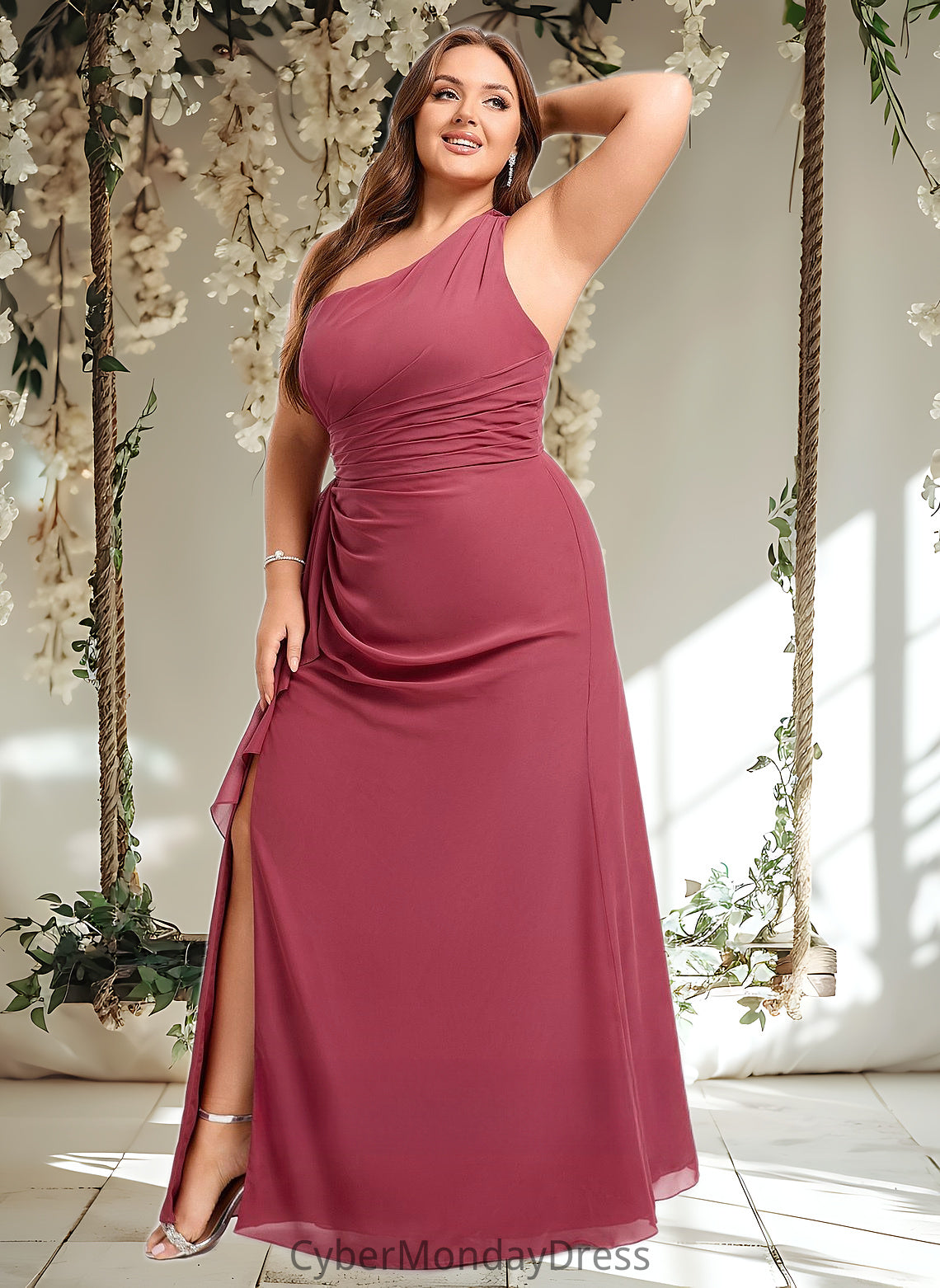 Vicky A-line One Shoulder Floor-Length Chiffon Bridesmaid Dress With Ruffle DTP0025824