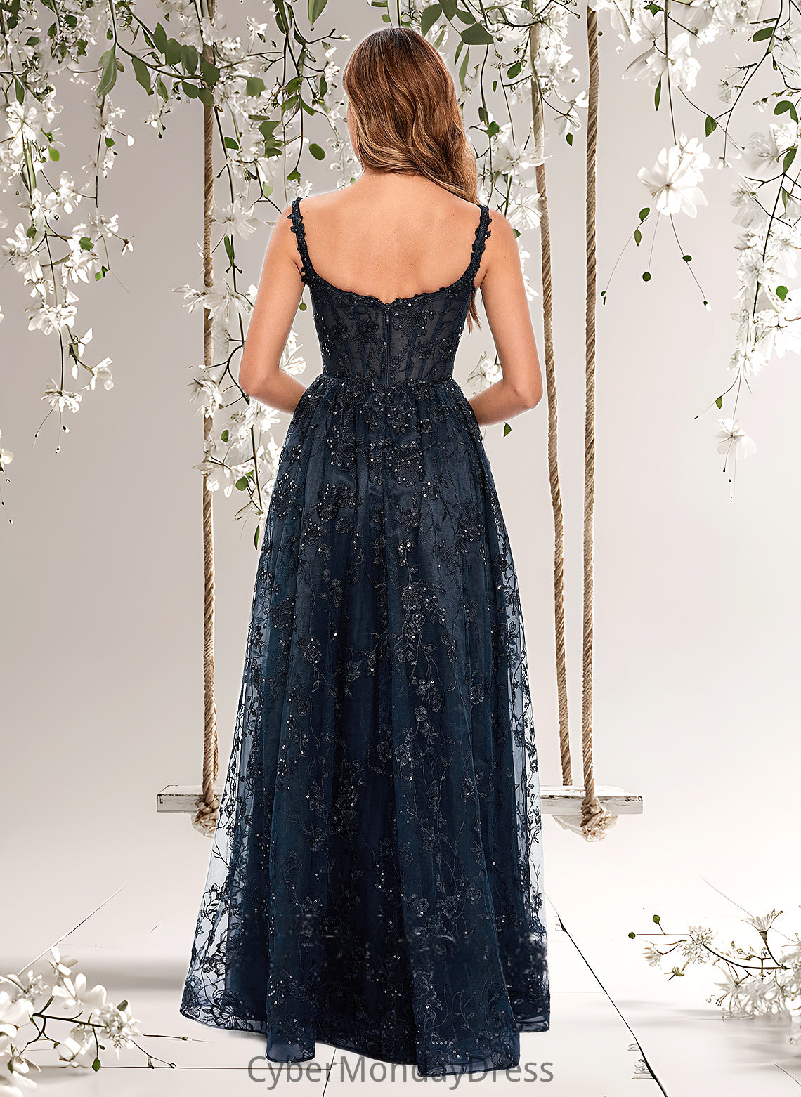 Princess A-line Square Floor-Length Organza Lace Floral Prom Dresses With Sequins DTP0025844