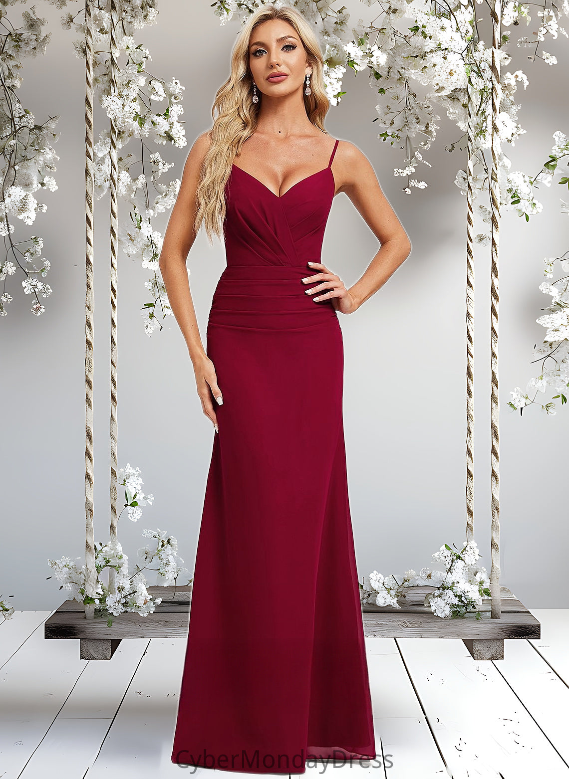 Yaretzi Trumpet/Mermaid V-Neck Floor-Length Chiffon Bridesmaid Dress DTP0025825