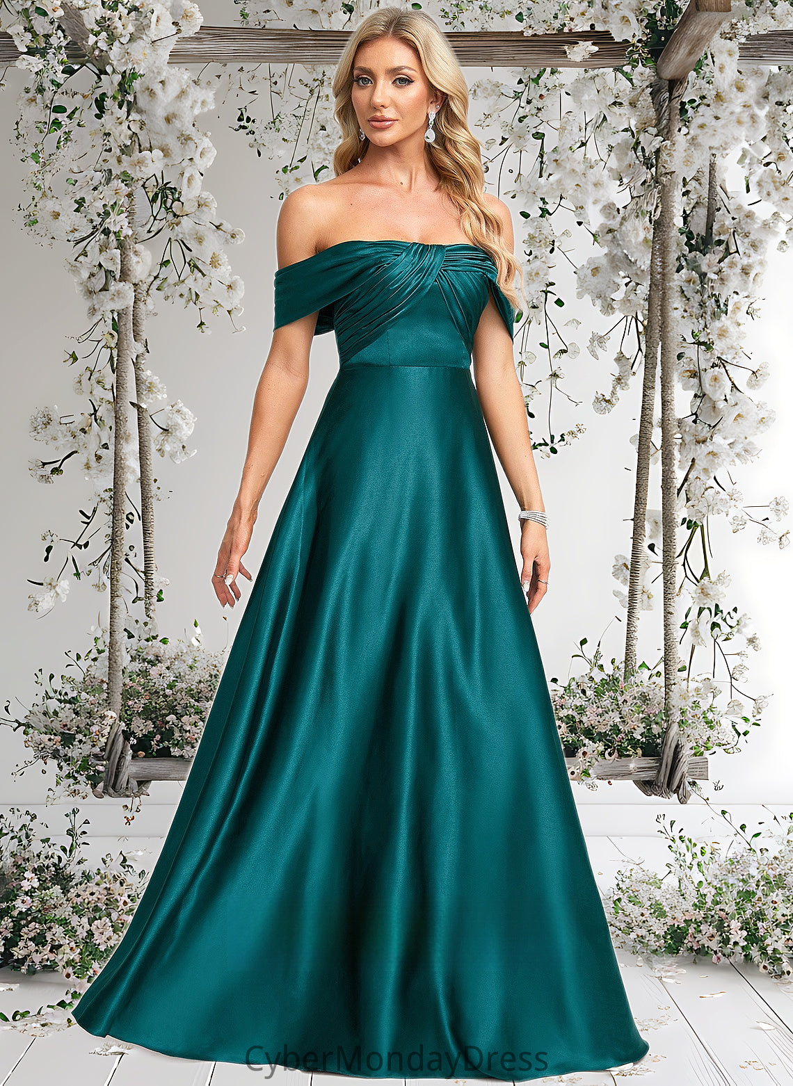 Joslyn A-line Off the Shoulder Floor-Length Stretch Satin Prom Dresses DTP0025879