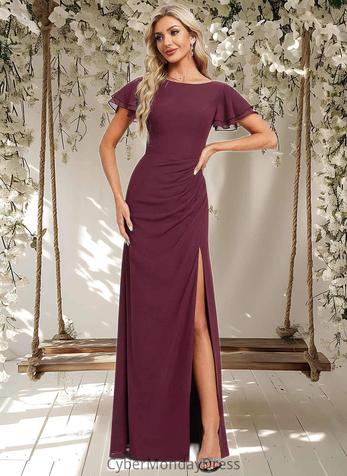 Kaitlin A-line Boat Neck Floor-Length Chiffon Bridesmaid Dress With Ruffle DTP0025827