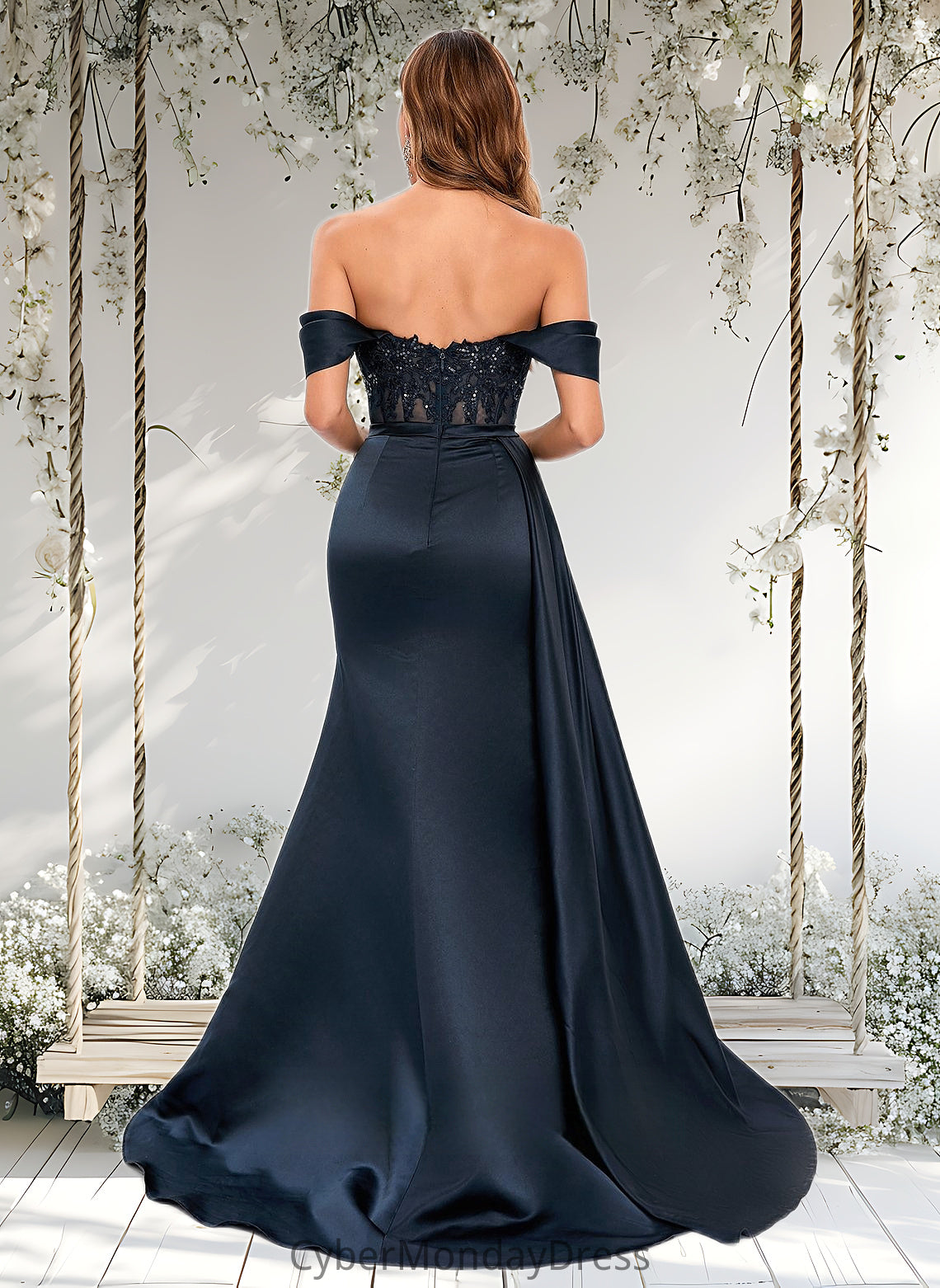 Sandy Trumpet/Mermaid Off the Shoulder Sweep Train Satin Prom Dresses With Sequins Appliques Lace DTP0025835