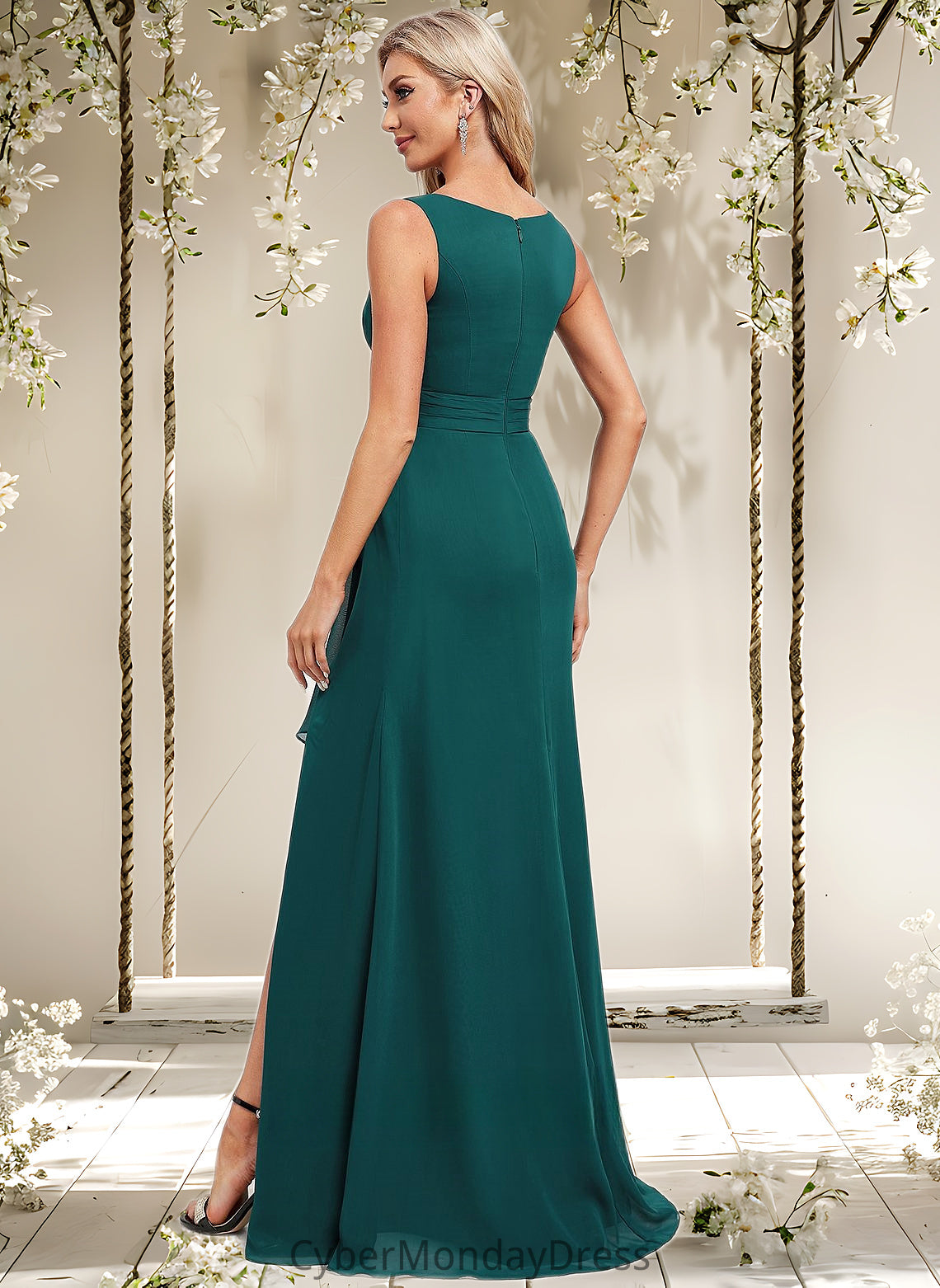 Sierra A-line Scoop Floor-Length Chiffon Bridesmaid Dress With Ruffle DTP0025814