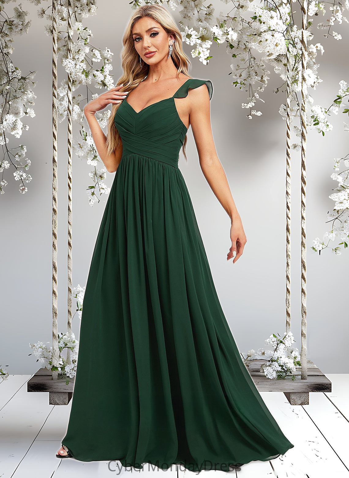 Hope A-line V-Neck Floor-Length Chiffon Bridesmaid Dress With Ruffle DTP0025811