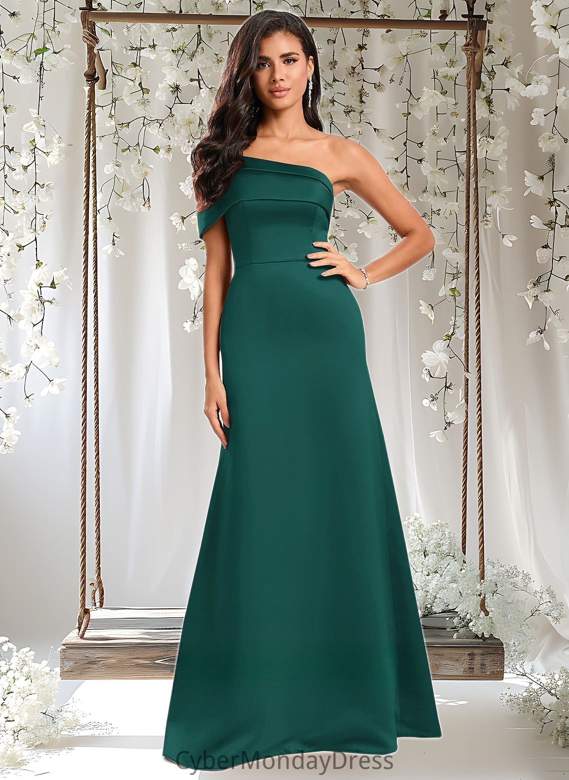 Cheyanne A-line Asymmetrical Off the Shoulder Floor-Length Satin Prom Dresses DTP0025884