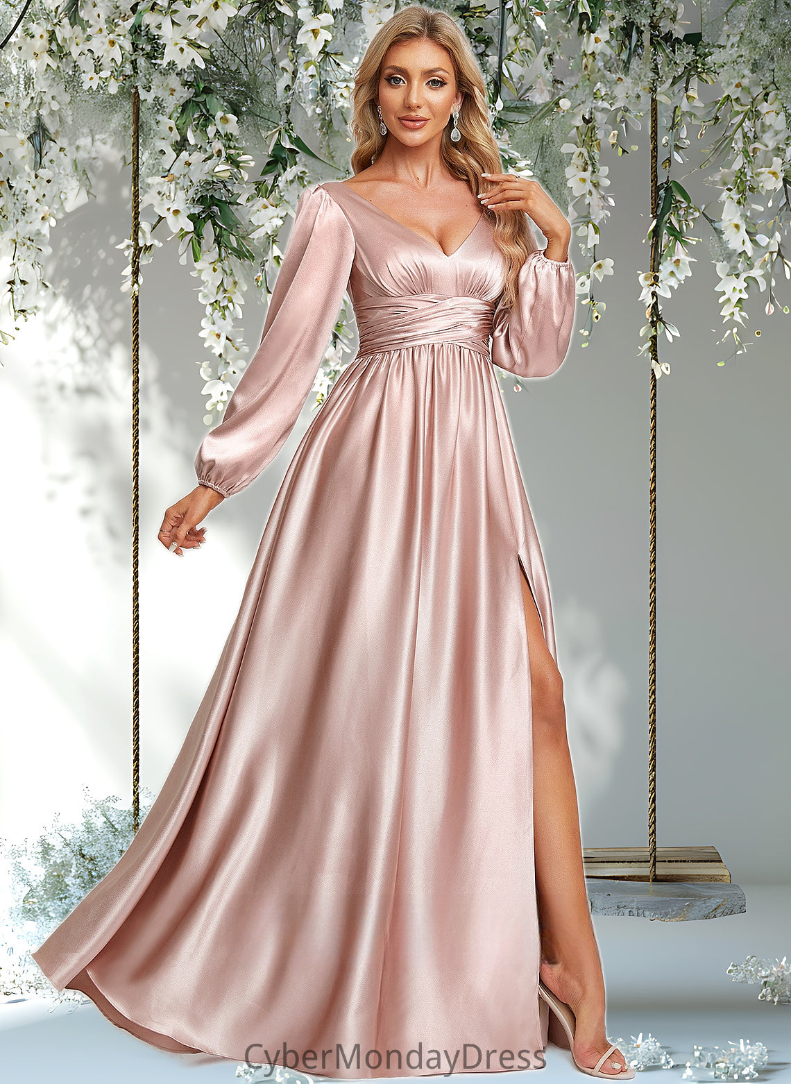 Anna A-line V-Neck Floor-Length Stretch Satin Prom Dresses DTP0025880