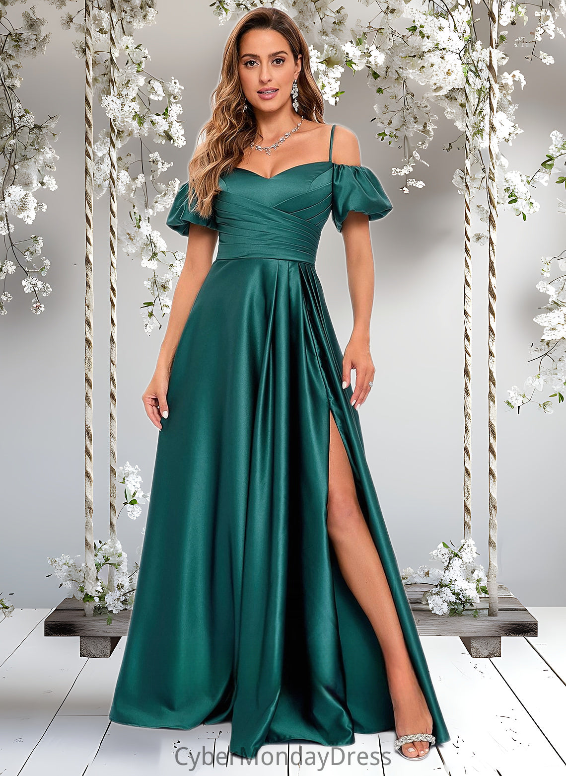 Isabela A-line Off the Shoulder Sweetheart Floor-Length Satin Prom Dresses DTP0025852