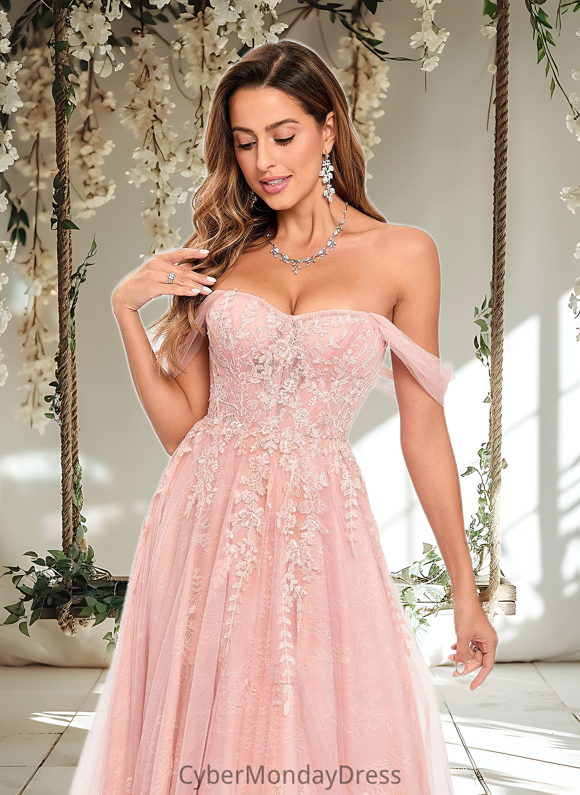 Diya A-line Sweetheart Off the Shoulder Floor-Length Tulle Floral Lace Prom Dresses With Appliques Lace DTP0025870