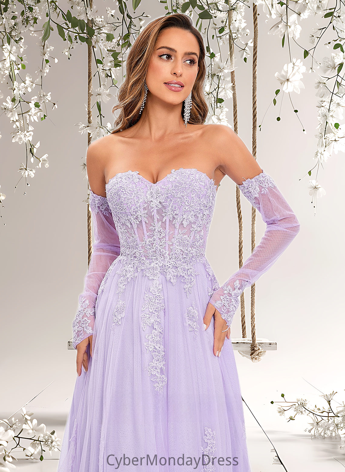 Averi A-line Sweetheart Sweep Train Tulle Prom Dresses With Sequins Appliques Lace DTP0025856