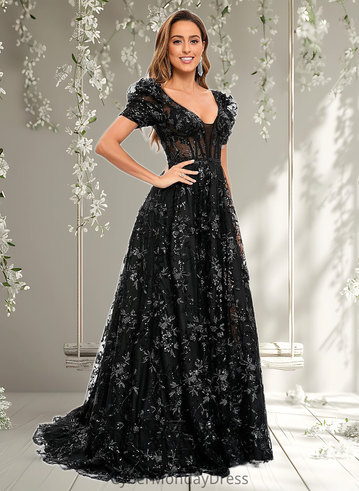 Lucille A-line V-Neck Sweep Train Floral Lace Prom Dresses With Sequins DTP0025869