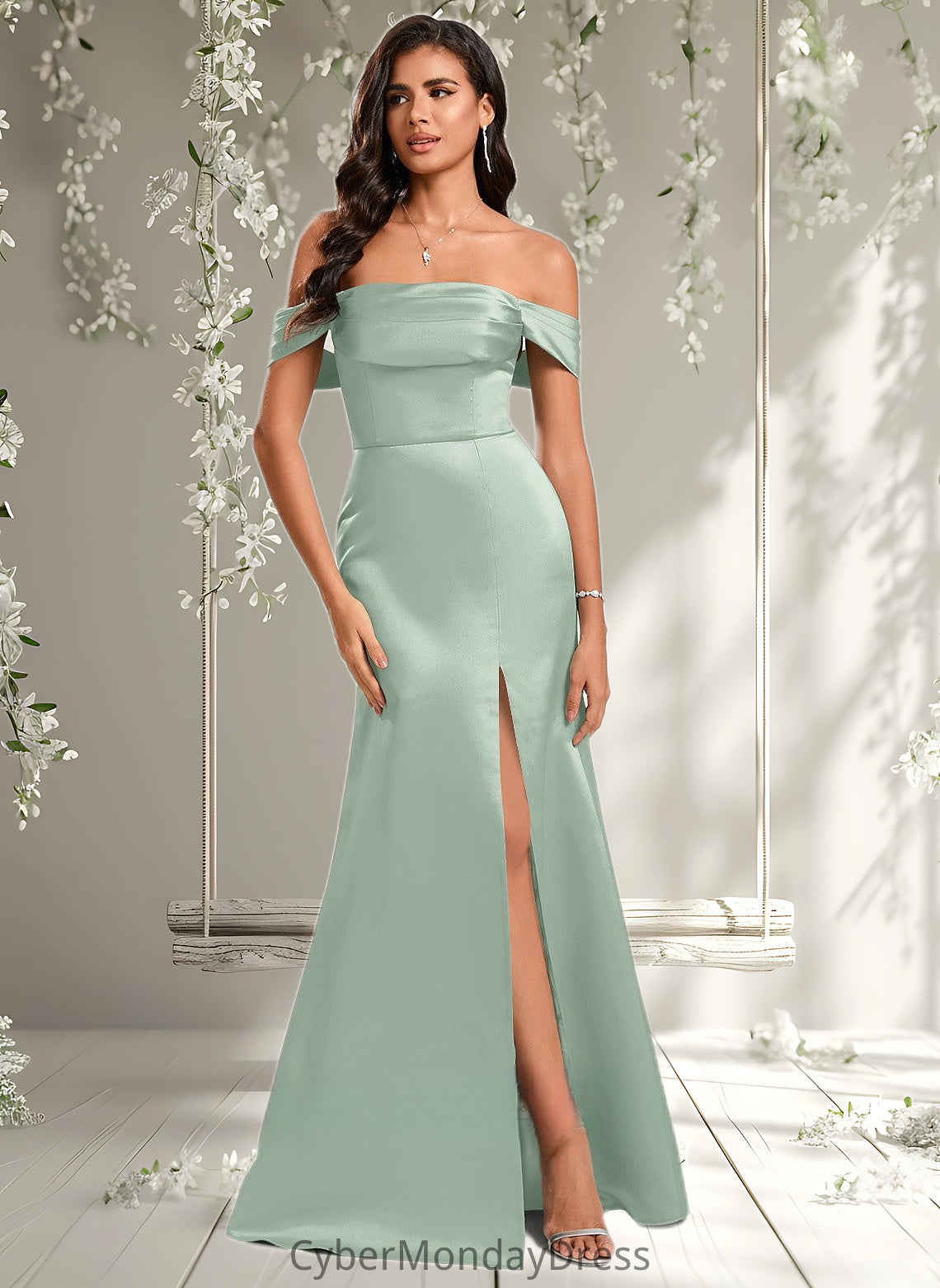 Peyton Trumpet/Mermaid Off the Shoulder Square Floor-Length Satin Prom Dresses With Ruffle DTP0025883