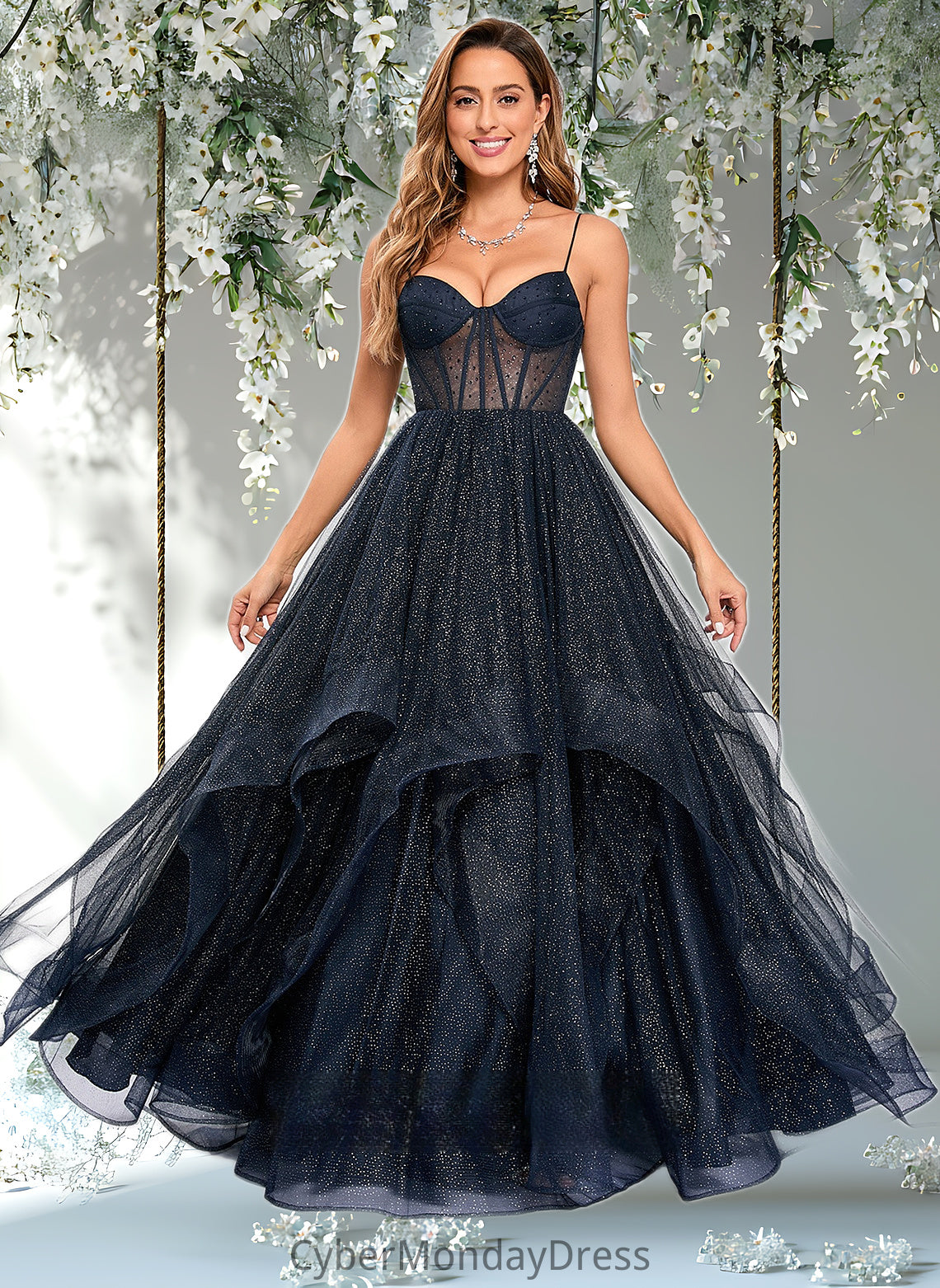 Riya Ball-Gown/Princess V-Neck Floor-Length Tulle Prom Dresses DTP0025863