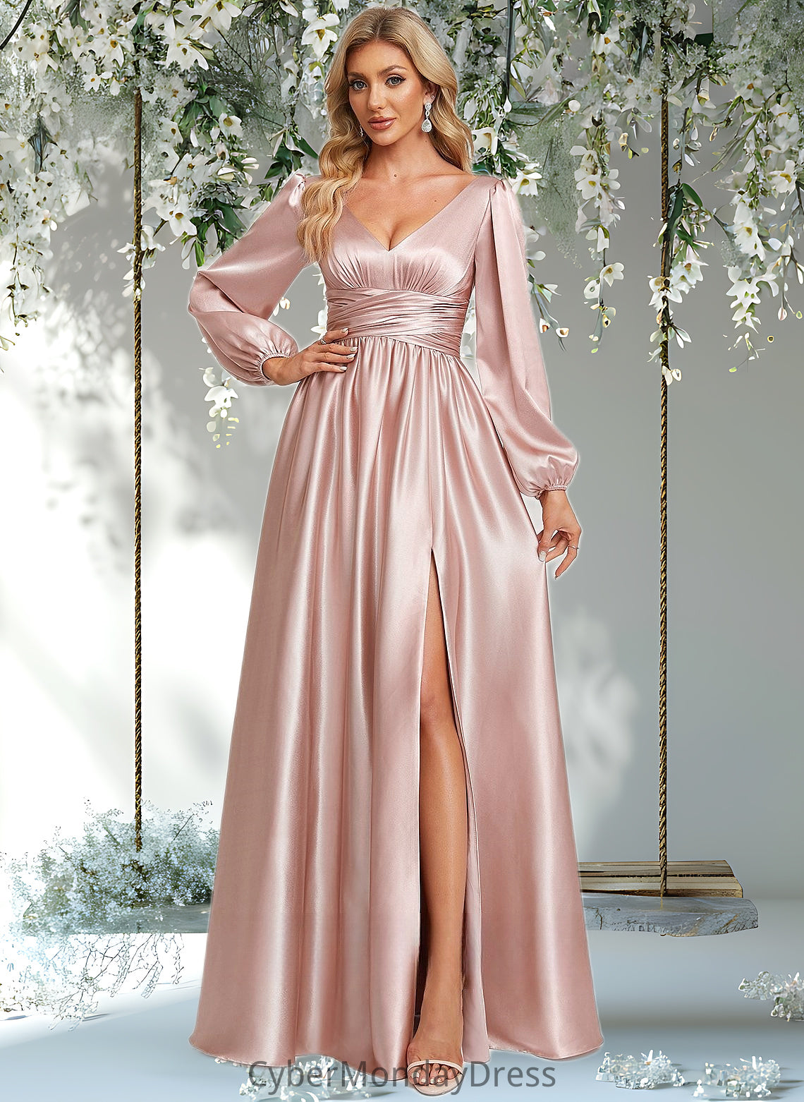 Anna A-line V-Neck Floor-Length Stretch Satin Prom Dresses DTP0025880