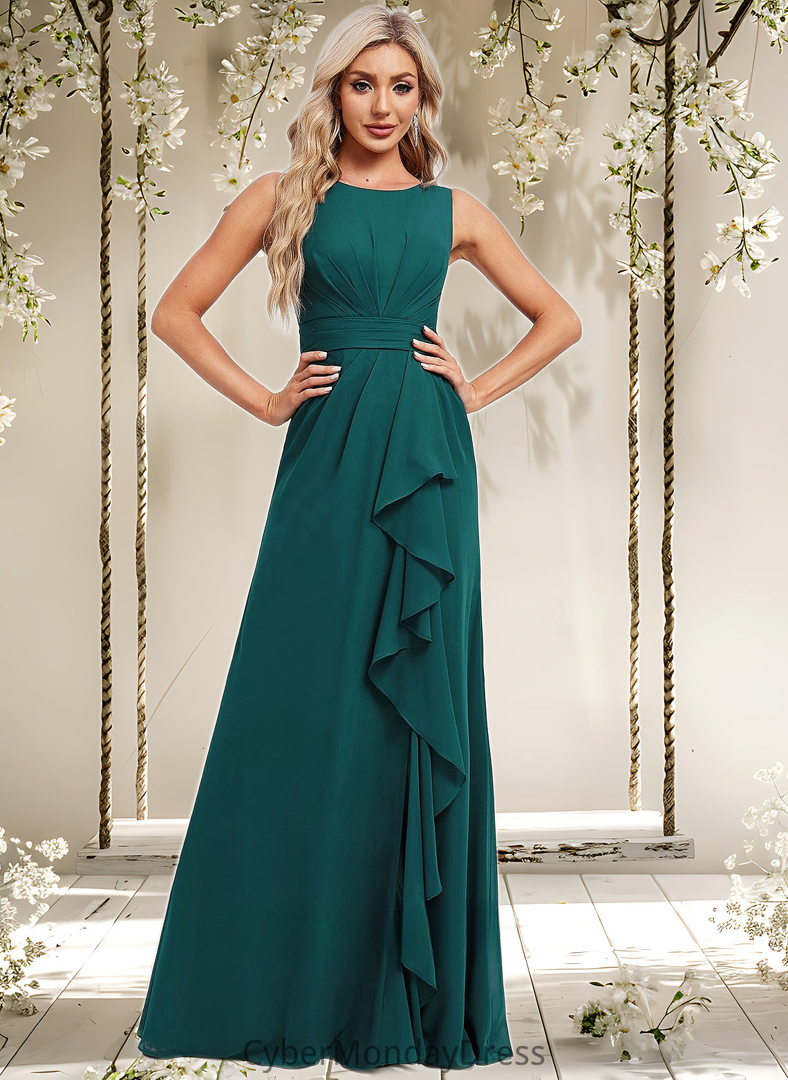 Sierra A-line Scoop Floor-Length Chiffon Bridesmaid Dress With Ruffle DTP0025814