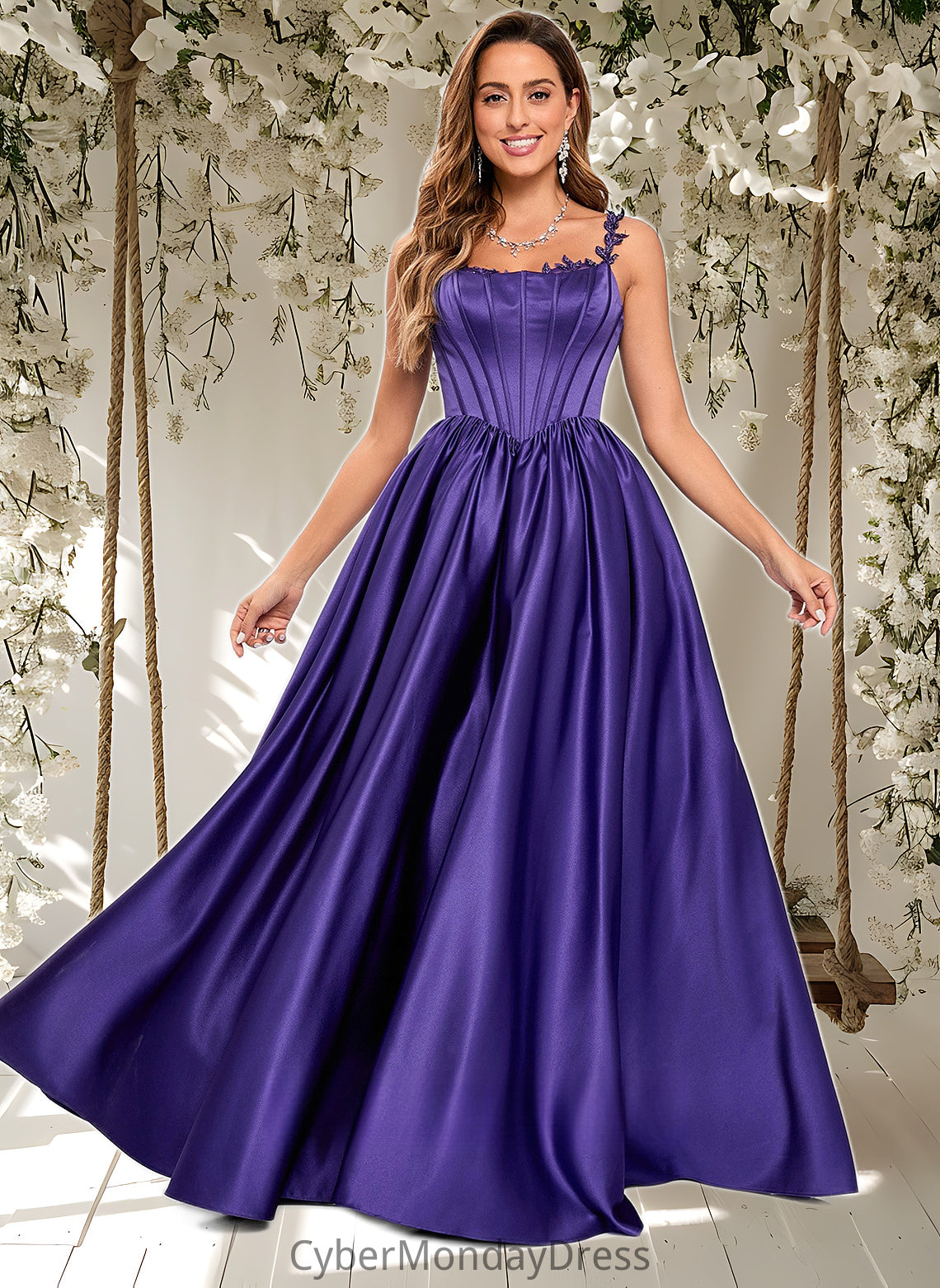 Minnie Ball-Gown/Princess Scoop Floor-Length Satin Prom Dresses With Appliques Lace Beading DTP0025865