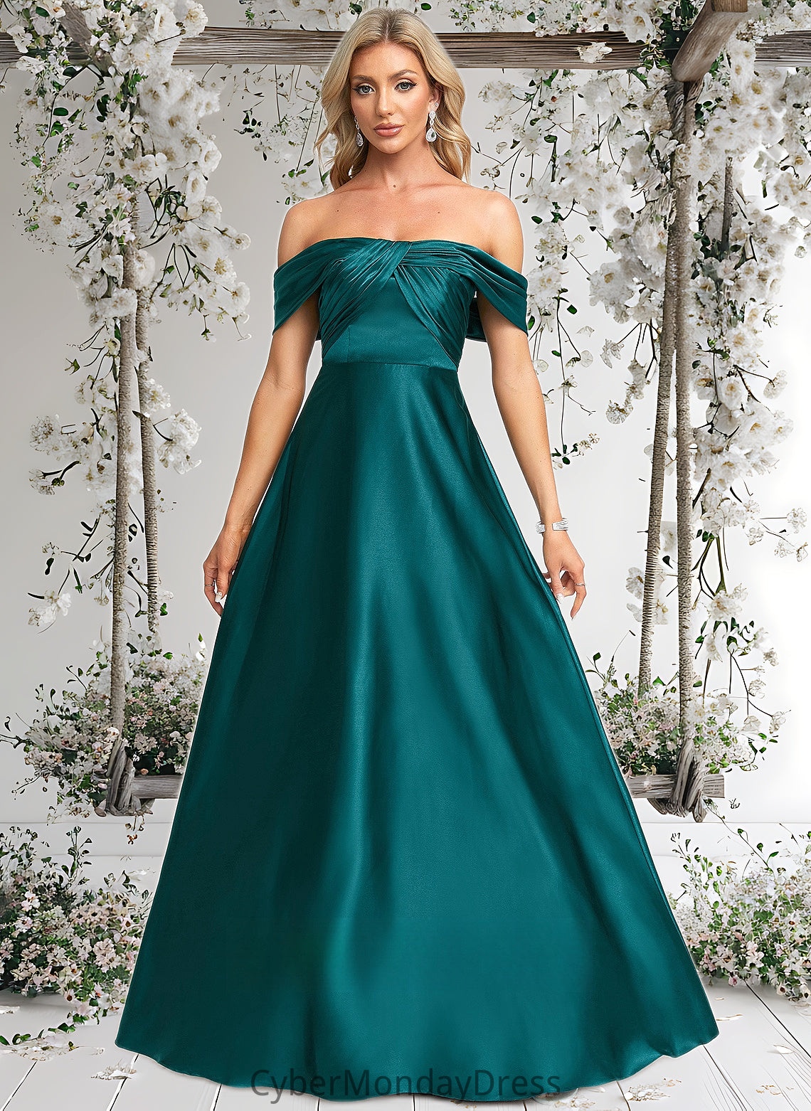 Joslyn A-line Off the Shoulder Floor-Length Stretch Satin Prom Dresses DTP0025879