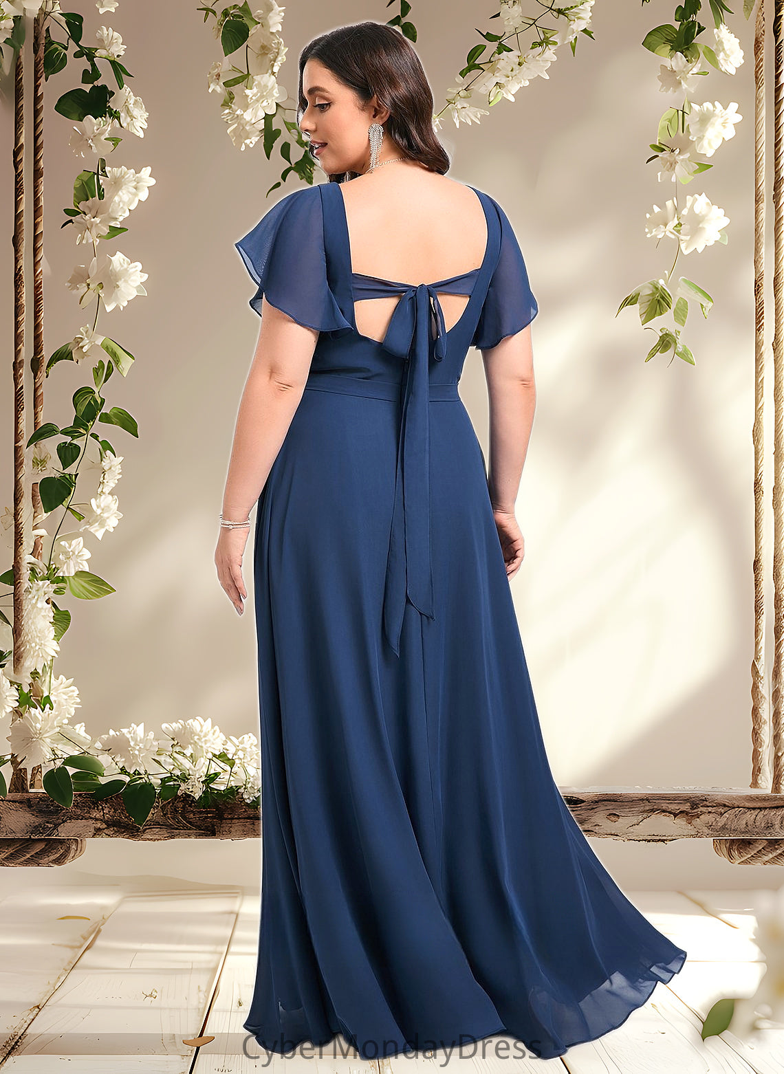 Carmen A-line V-Neck Floor-Length Chiffon Bridesmaid Dress With Ruffle DTP0025802