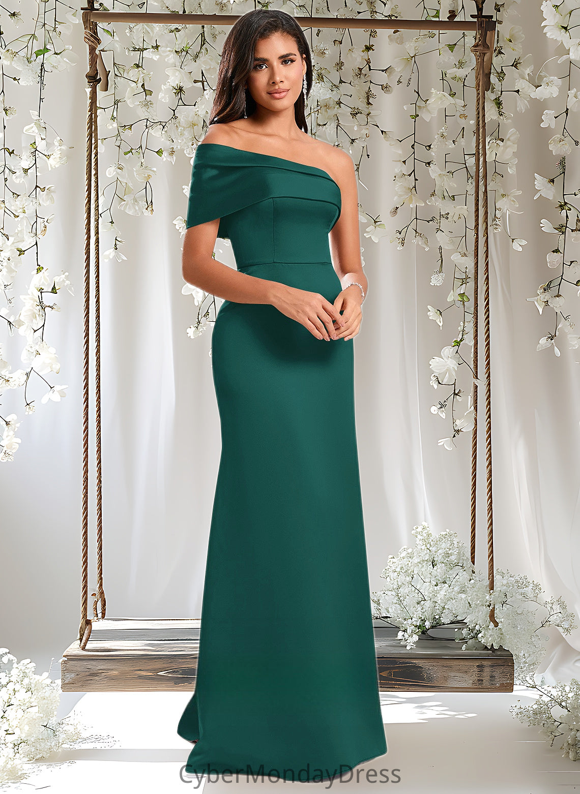 Cheyanne A-line Asymmetrical Off the Shoulder Floor-Length Satin Prom Dresses DTP0025884