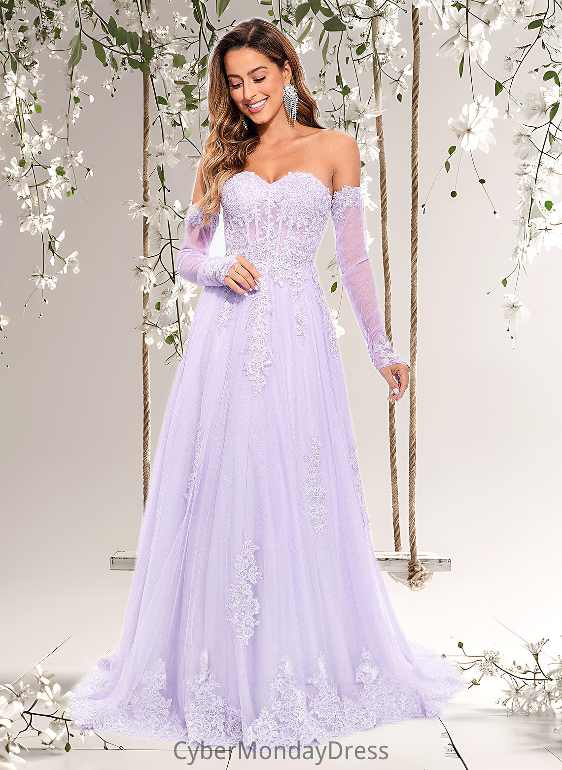 Averi A-line Sweetheart Sweep Train Tulle Prom Dresses With Sequins Appliques Lace DTP0025856