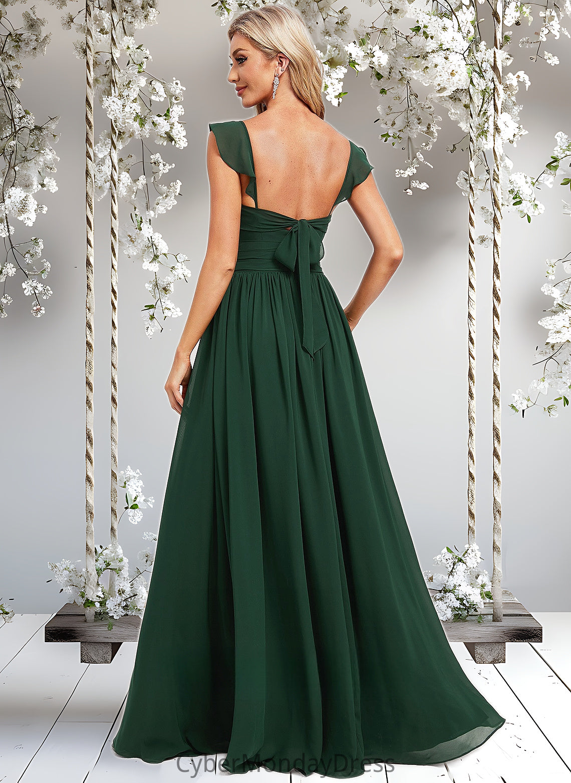 Hope A-line V-Neck Floor-Length Chiffon Bridesmaid Dress With Ruffle DTP0025811