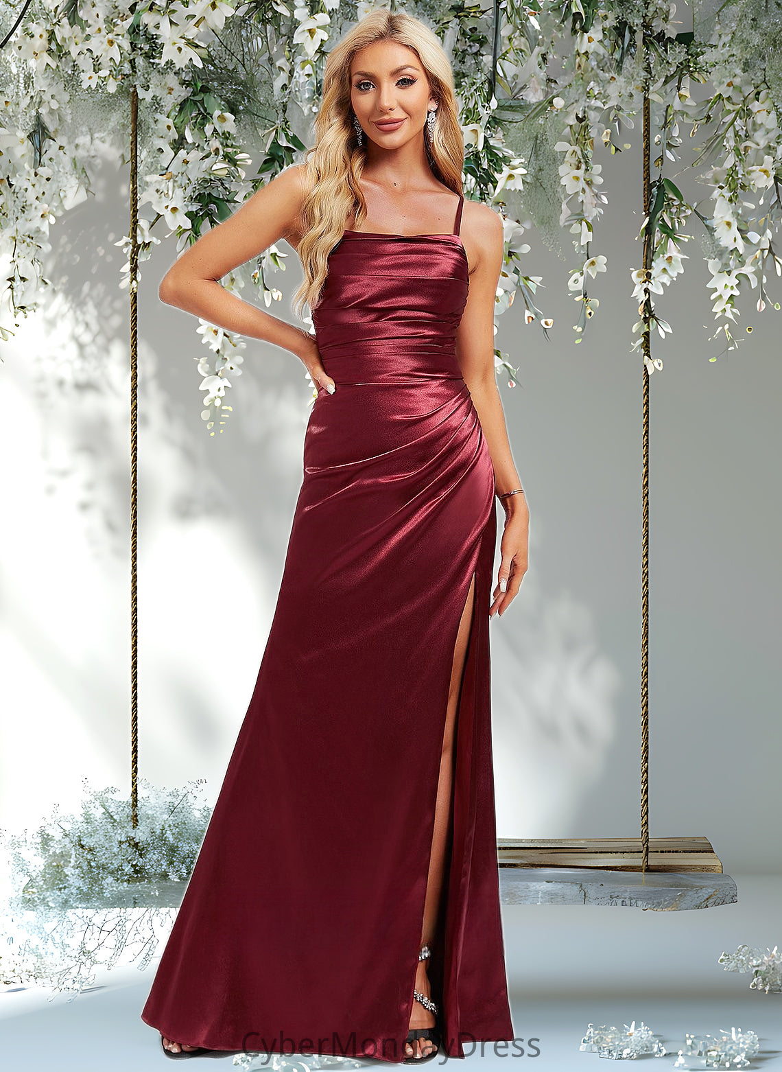 Damaris Trumpet/Mermaid Square Floor-Length Stretch Satin Prom Dresses With Ruffle DTP0025875