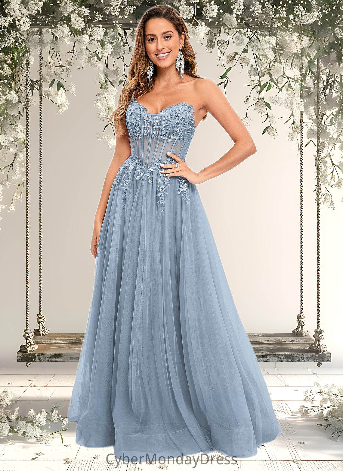 Morgan Ball-Gown/Princess V-Neck Floor-Length Tulle Prom Dresses With Sequins Appliques Lace DTP0025837