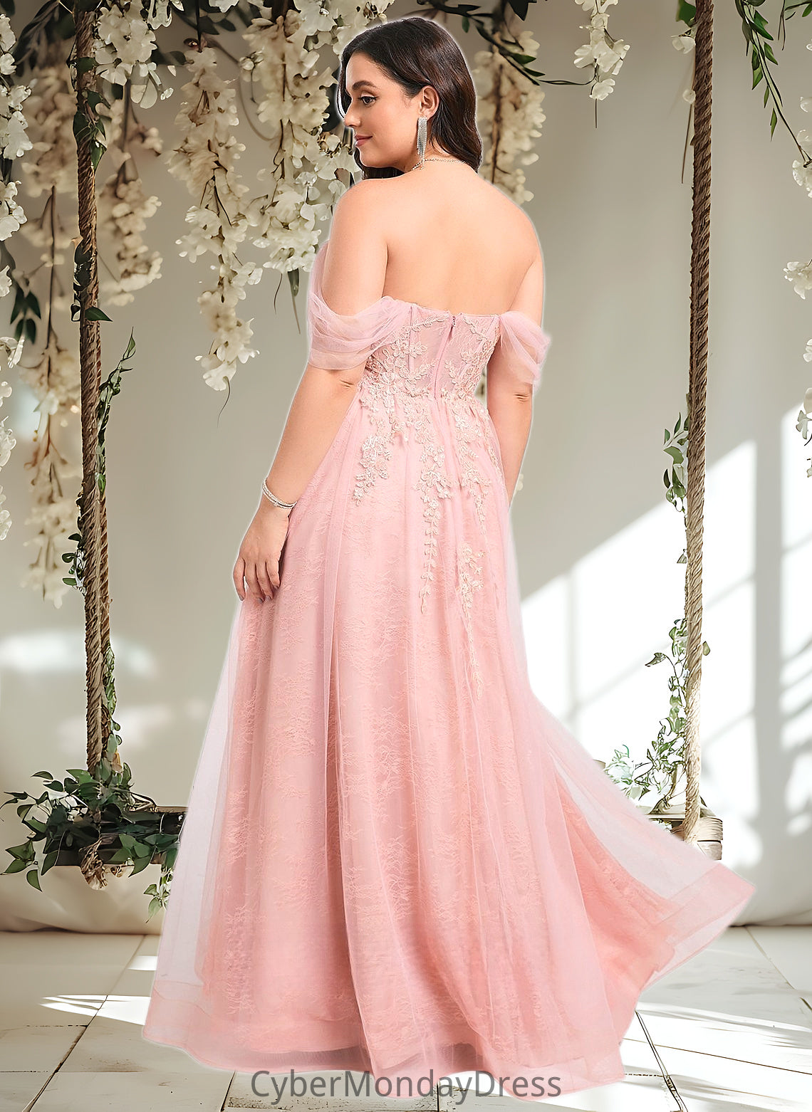 Diya A-line Sweetheart Off the Shoulder Floor-Length Tulle Floral Lace Prom Dresses With Appliques Lace DTP0025870