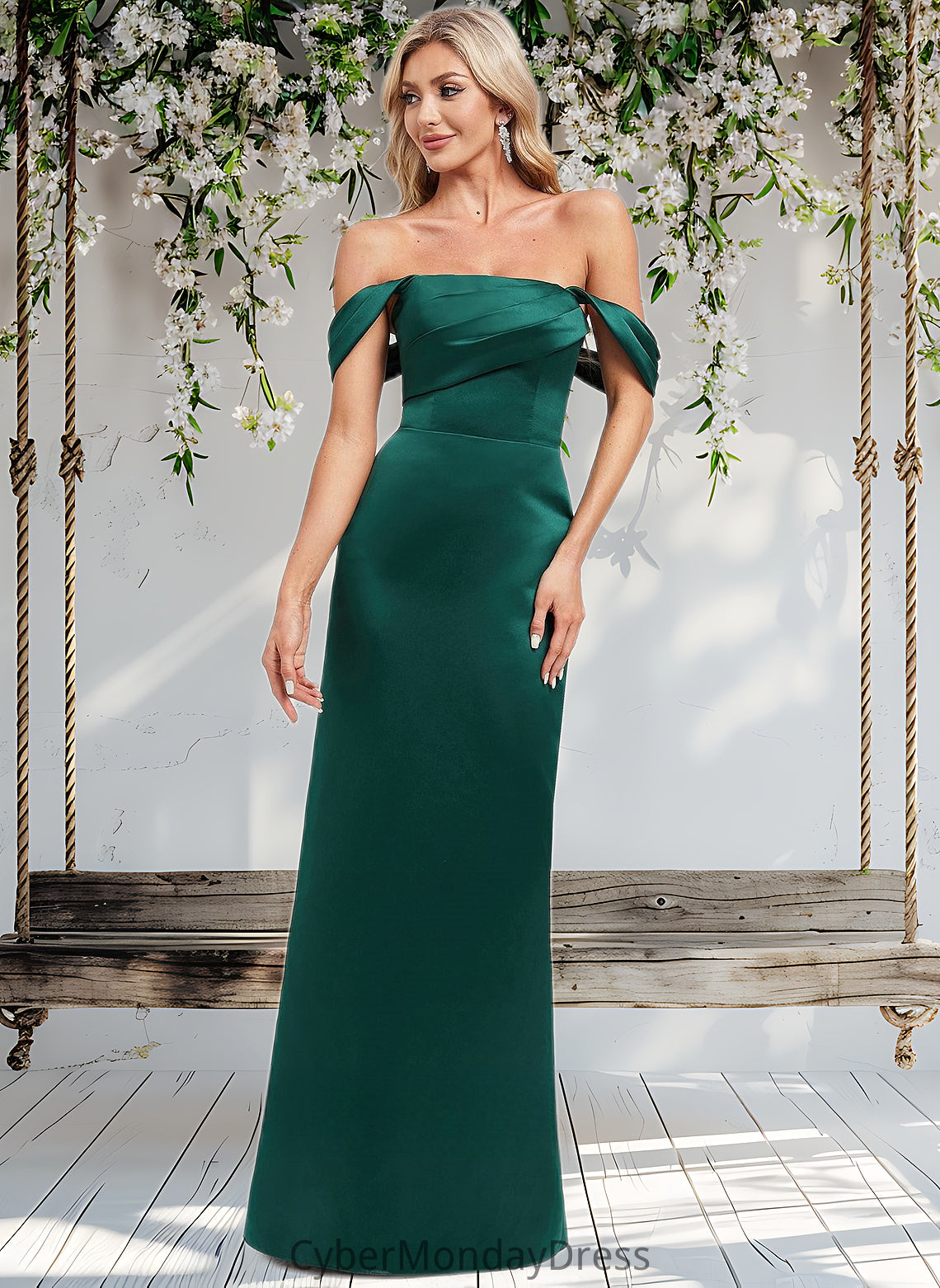 Kali Sheath/Column Off the Shoulder Floor-Length Satin Bridesmaid Dress DTP0025815