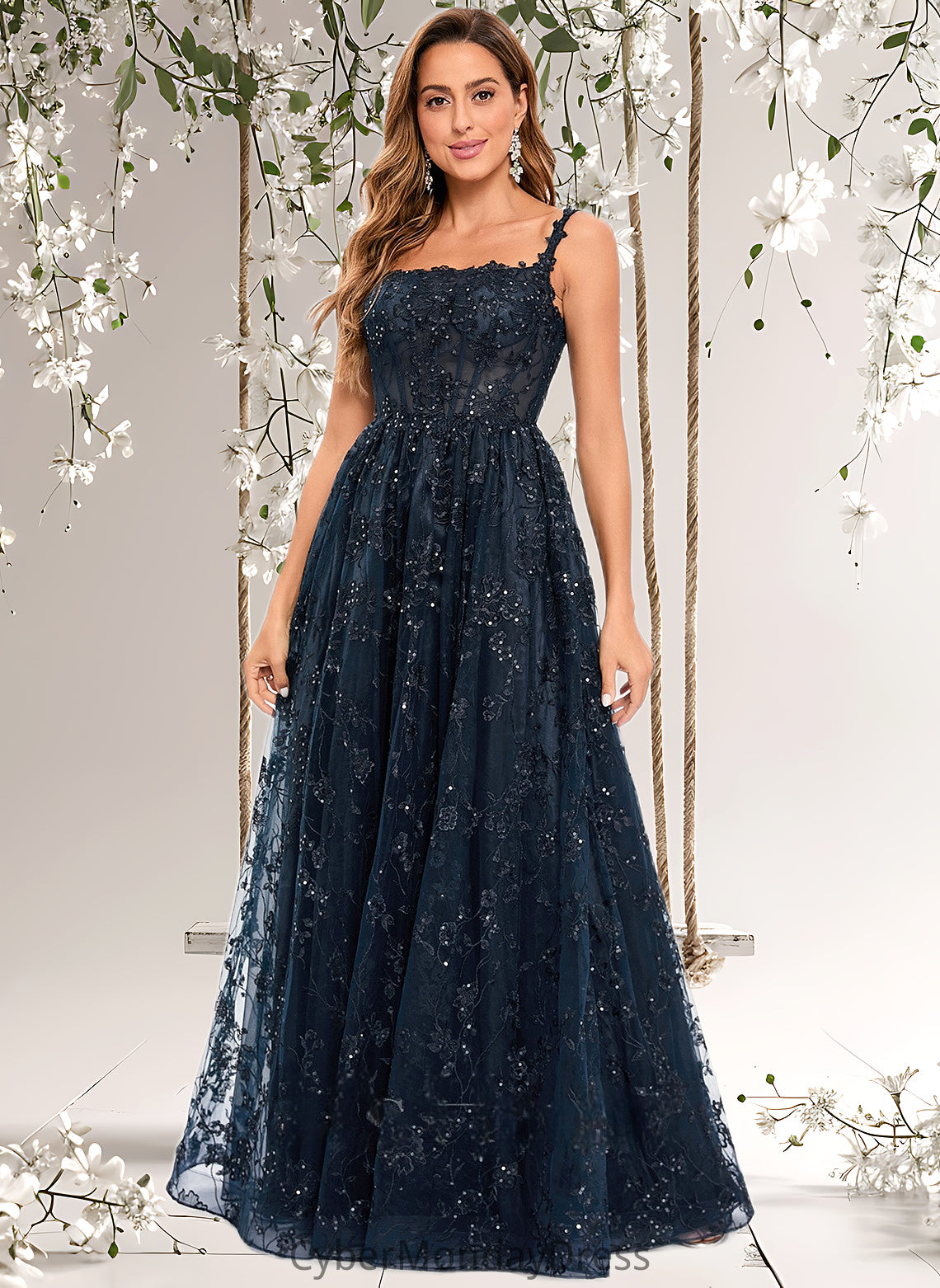 Princess A-line Square Floor-Length Organza Lace Floral Prom Dresses With Sequins DTP0025844