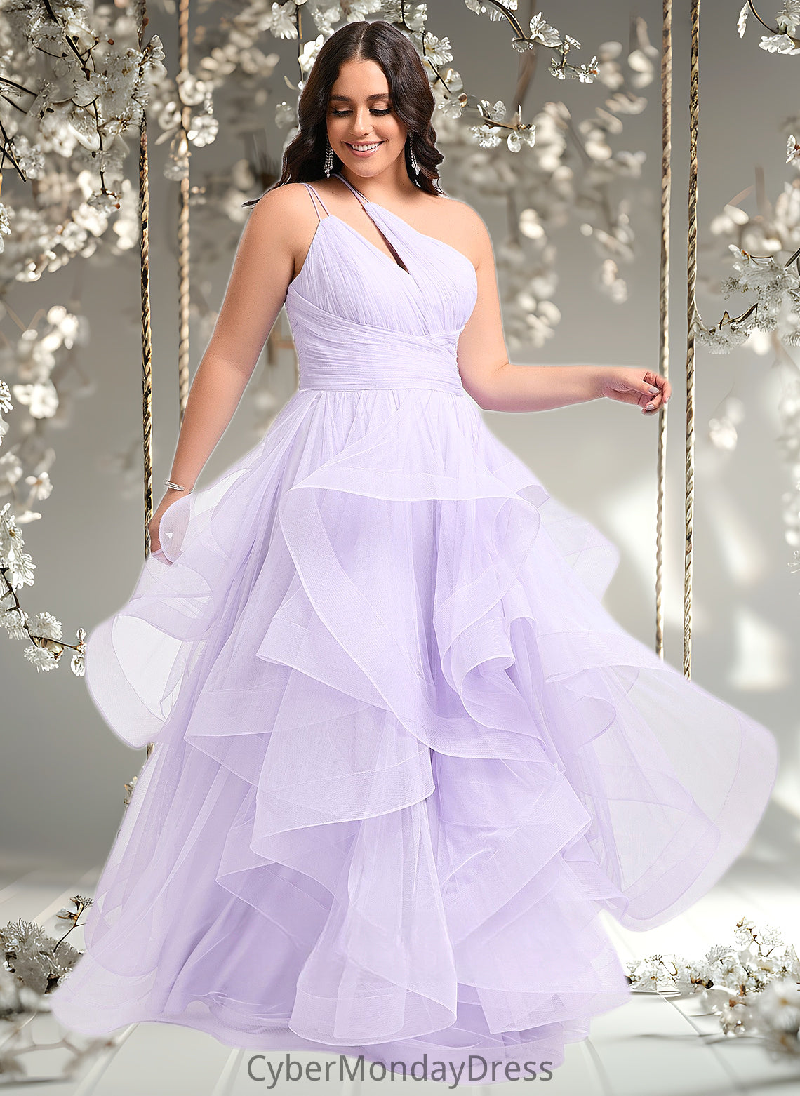 Lilianna Ball-Gown/Princess Asymmetrical One Shoulder Floor-Length Tulle Prom Dresses DTP0025867