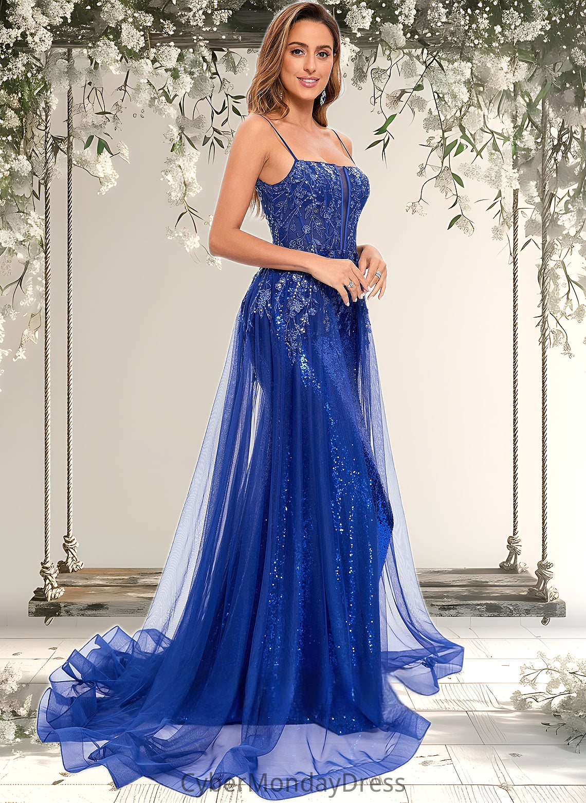 Aurora Trumpet/Mermaid Straight Sweep Train Tulle Sequin Prom Dresses With Sequins Appliques Lace DTP0025857