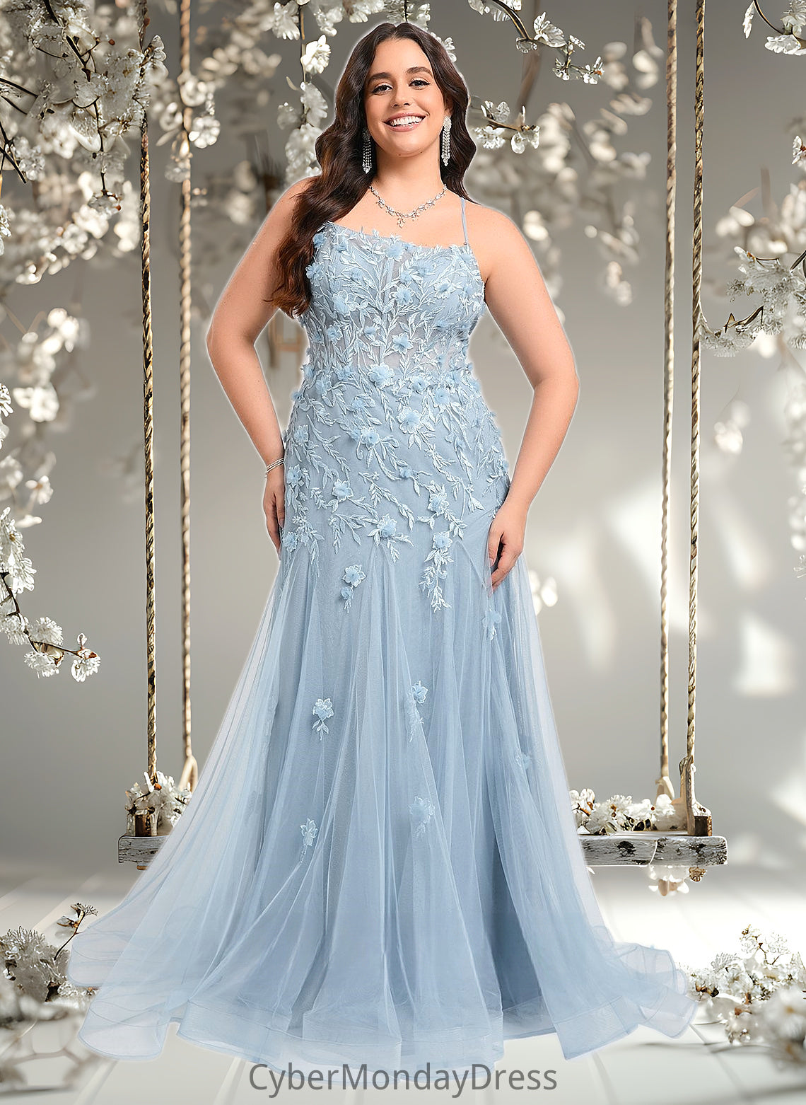 Everly Trumpet/Mermaid Straight Sweep Train Tulle Prom Dresses With Flower DTP0025866