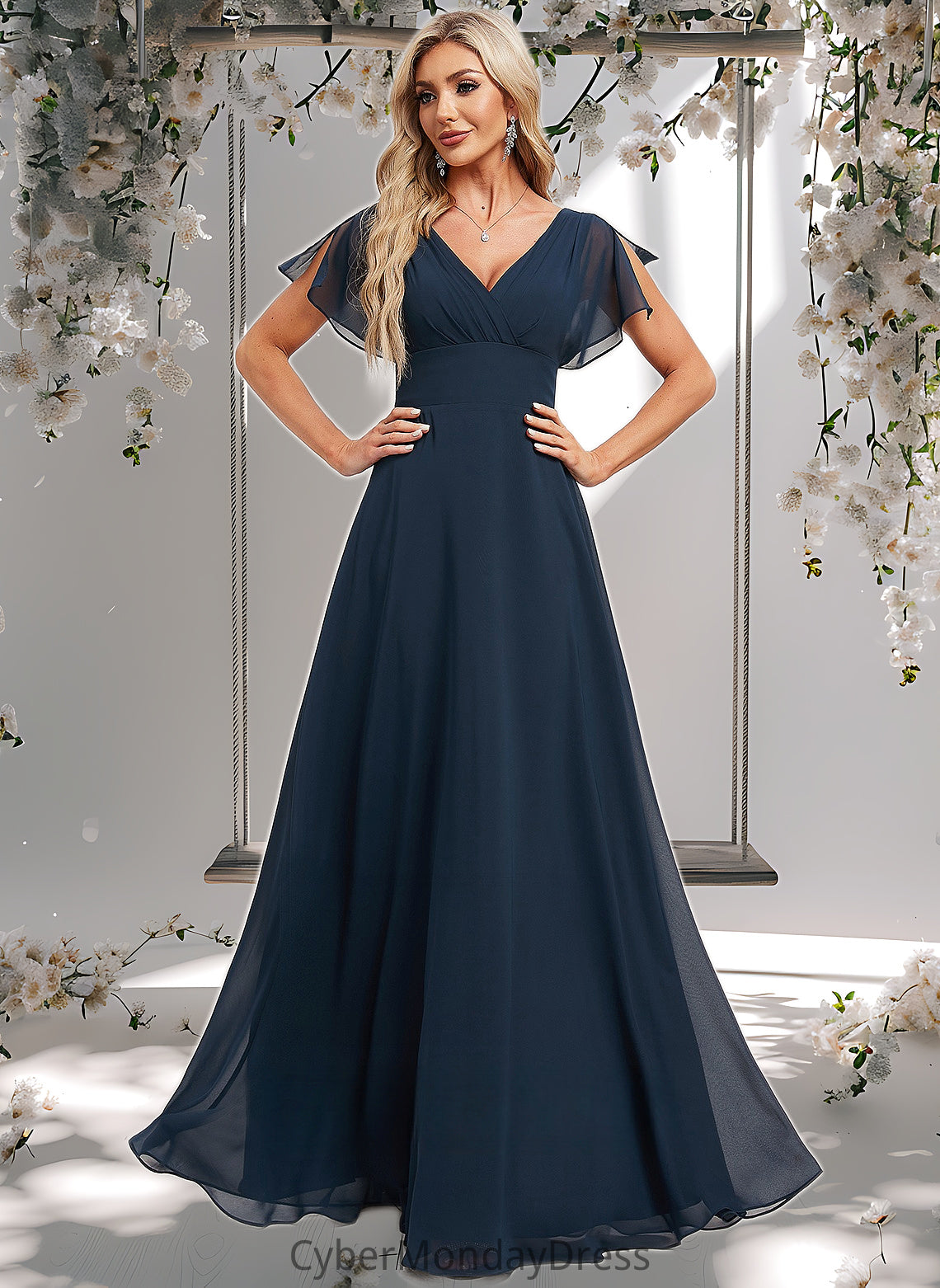 Camryn A-line V-Neck Floor-Length Chiffon Bridesmaid Dress DTP0025806