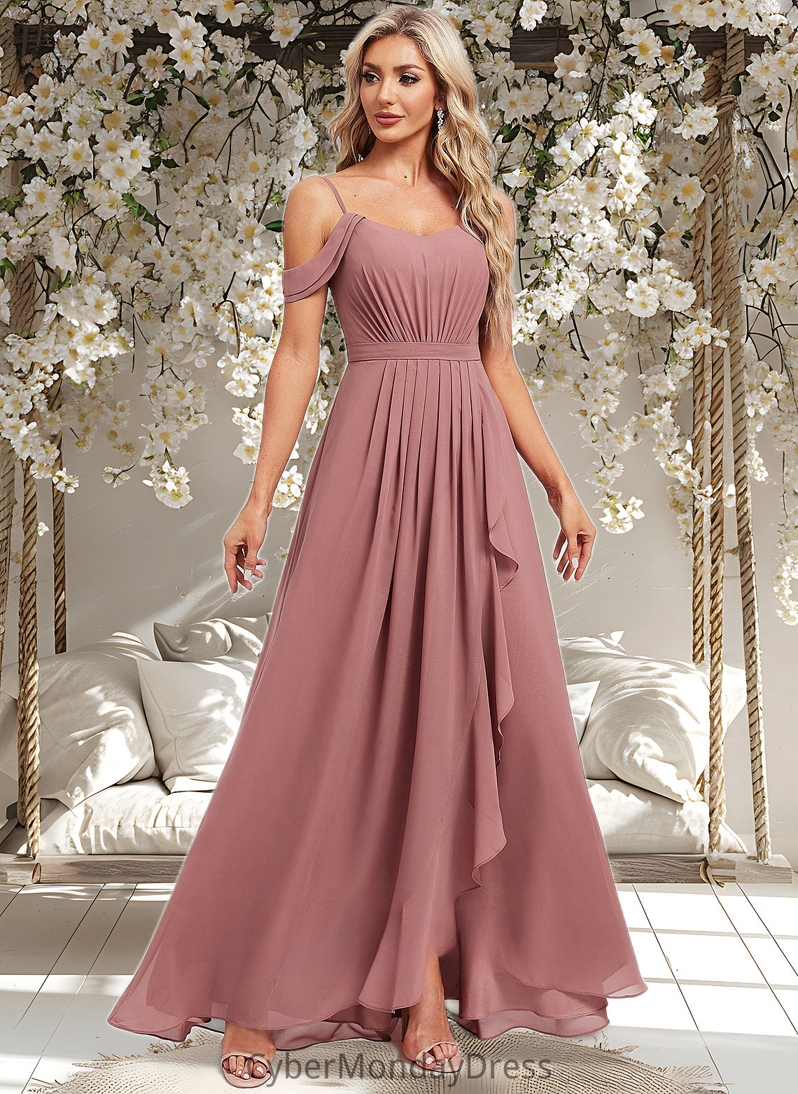 India A-line Cold Shoulder Asymmetrical Chiffon Bridesmaid Dress DTP0025823