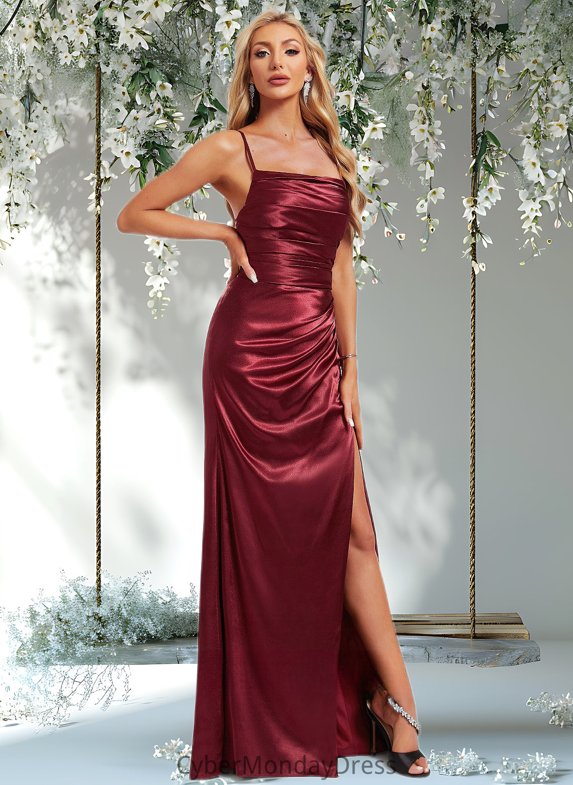 Damaris Trumpet/Mermaid Square Floor-Length Stretch Satin Prom Dresses With Ruffle DTP0025875