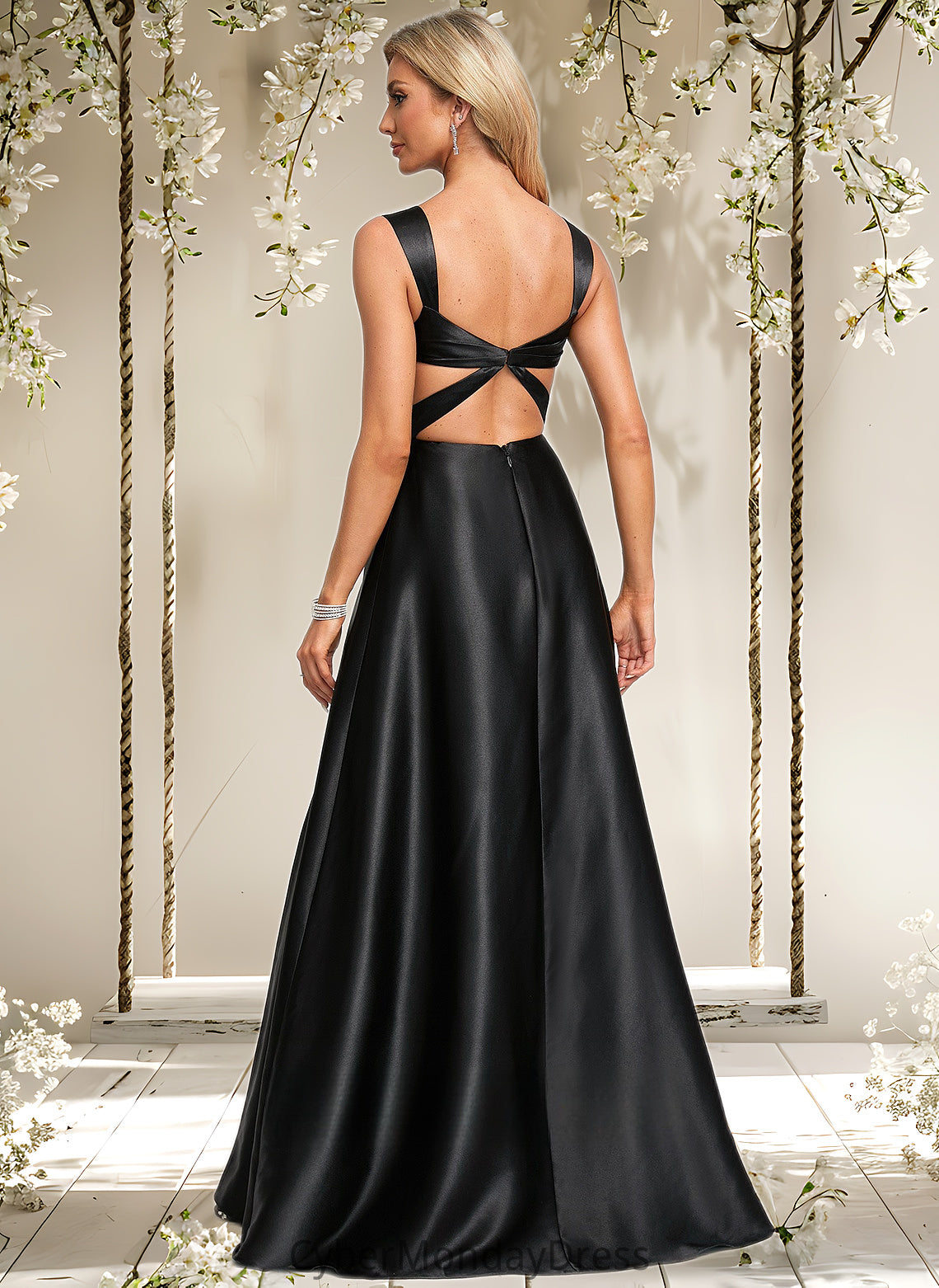 Briana A-line V-Neck Floor-Length Stretch Satin Prom Dresses With Bow DTP0025882