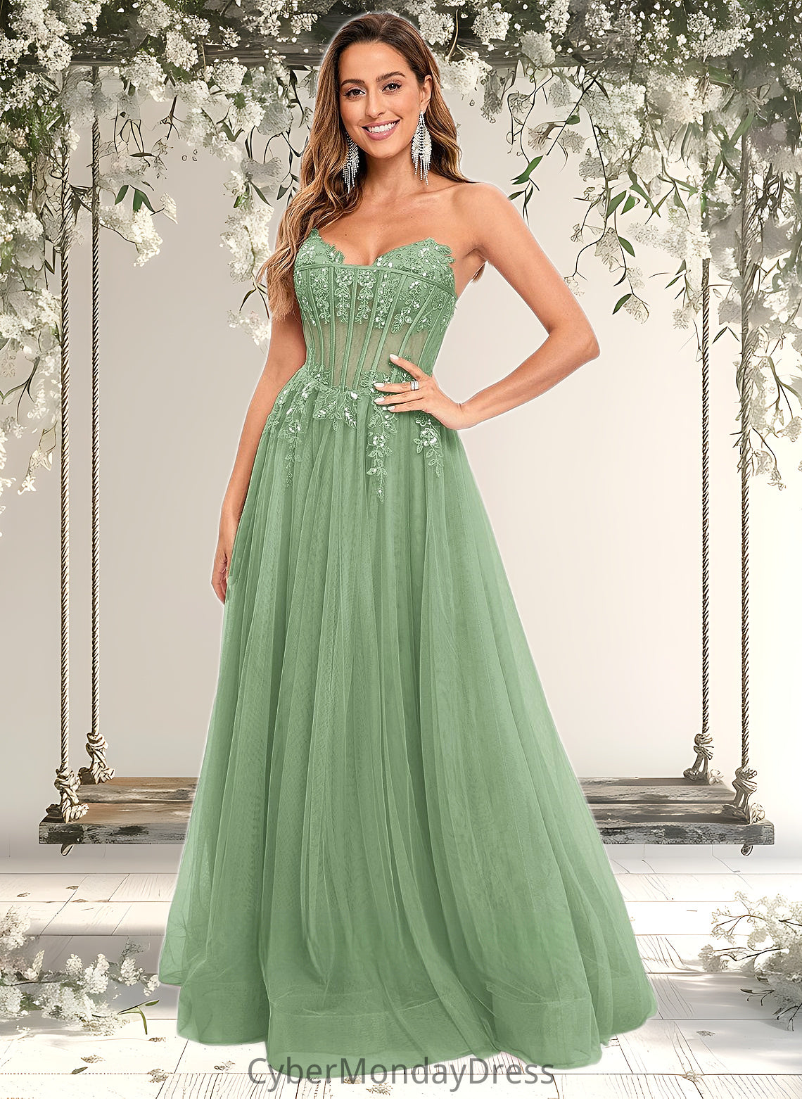 Morgan Ball-Gown/Princess V-Neck Floor-Length Tulle Prom Dresses With Sequins Appliques Lace DTP0025837