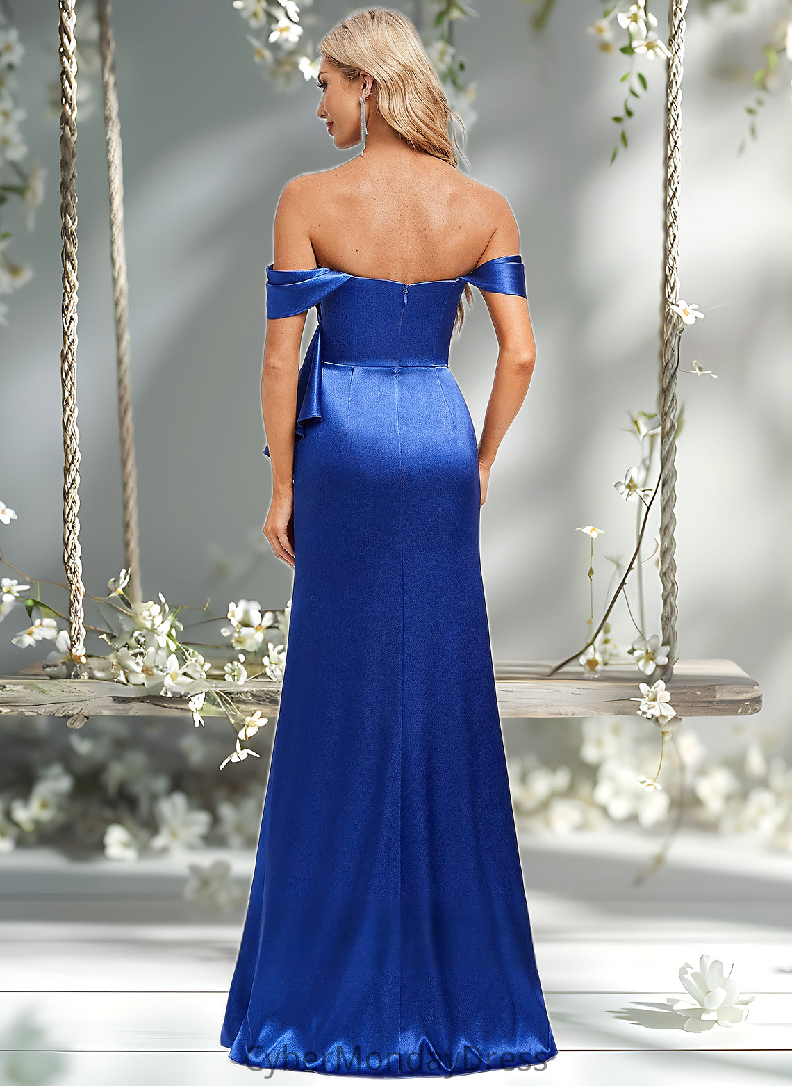 Mariah Trumpet/Mermaid Off the Shoulder Floor-Length Stretch Satin Bridesmaid Dress With Ruffle DTP0025800