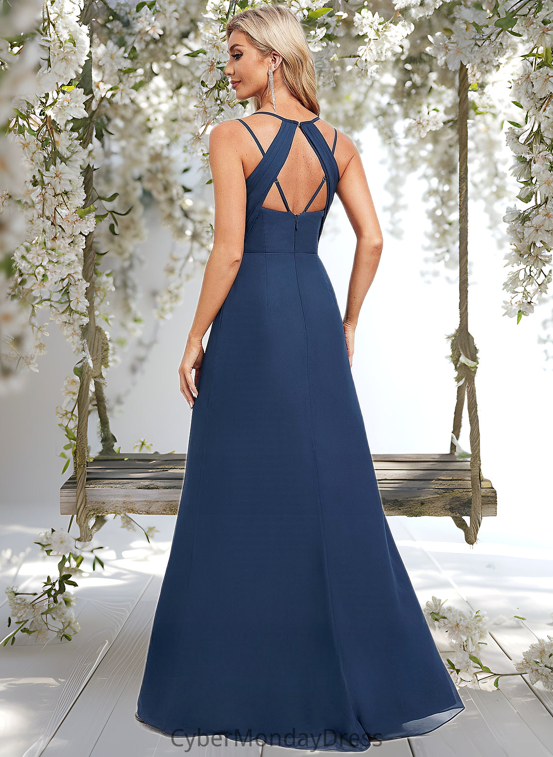 Nadia A-line V-Neck Floor-Length Chiffon Bridesmaid Dress DTP0025803