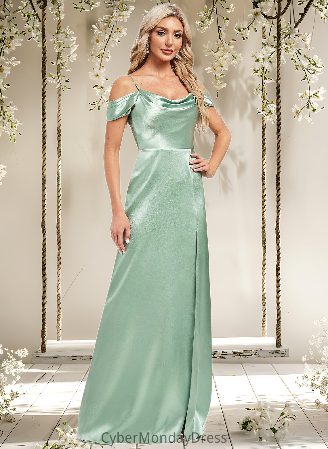 Tatum A-line Cowl Cold Shoulder Floor-Length Stretch Satin Bridesmaid Dress With Bow Ruffle DTP0025807