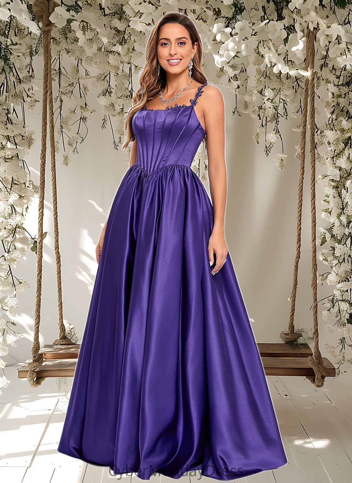 Minnie Ball-Gown/Princess Scoop Floor-Length Satin Prom Dresses With Appliques Lace Beading DTP0025865