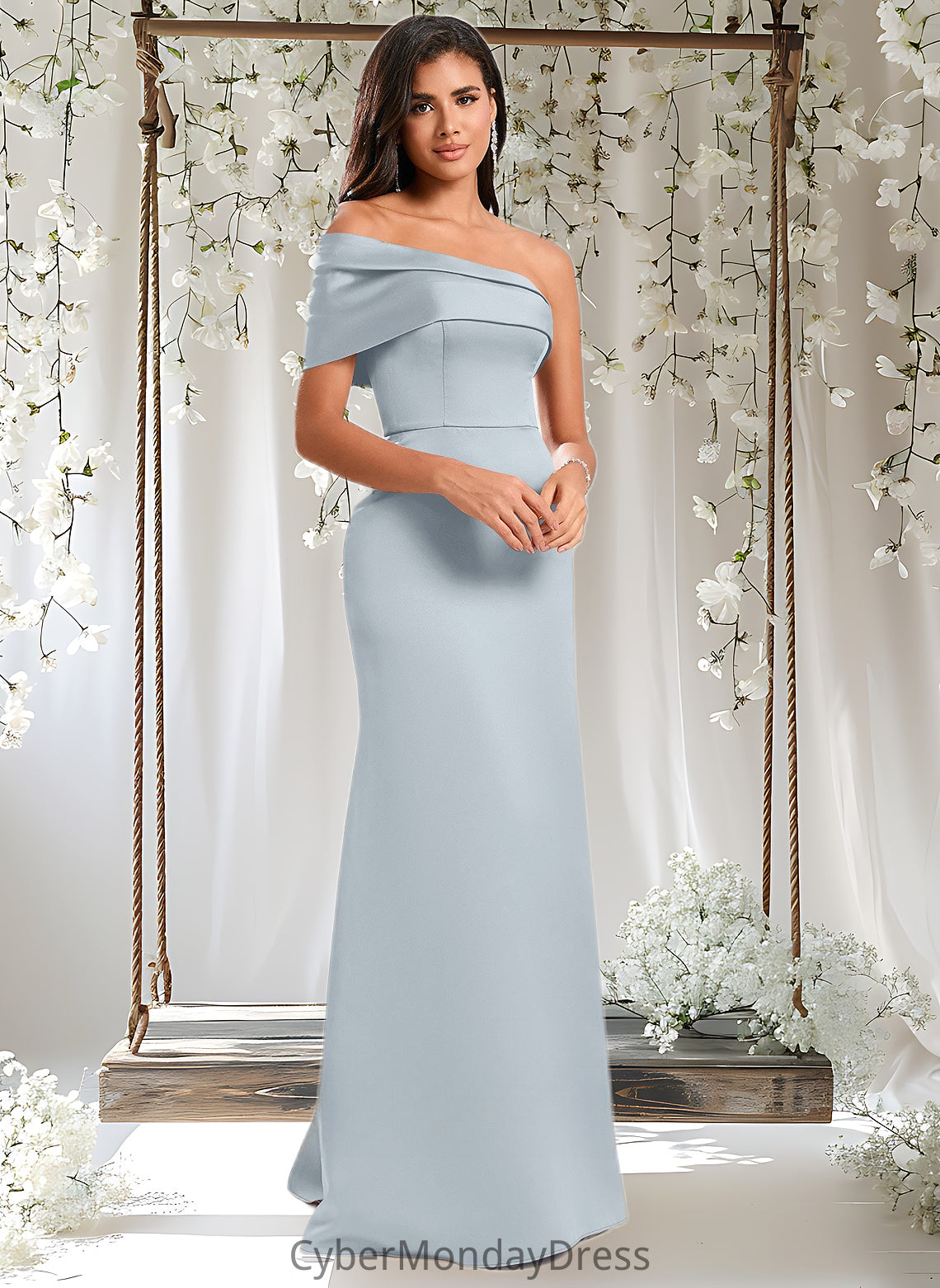 Cheyanne A-line Asymmetrical Off the Shoulder Floor-Length Satin Prom Dresses DTP0025884