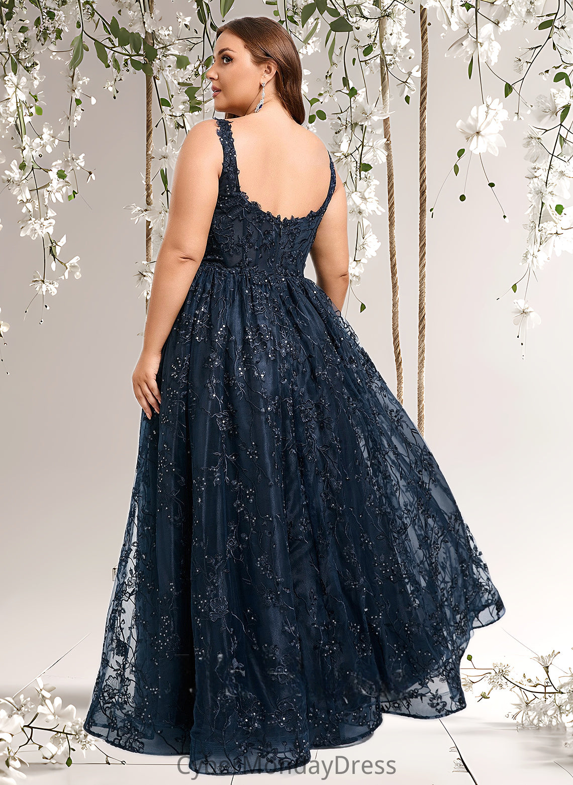 Princess A-line Square Floor-Length Organza Lace Floral Prom Dresses With Sequins DTP0025844