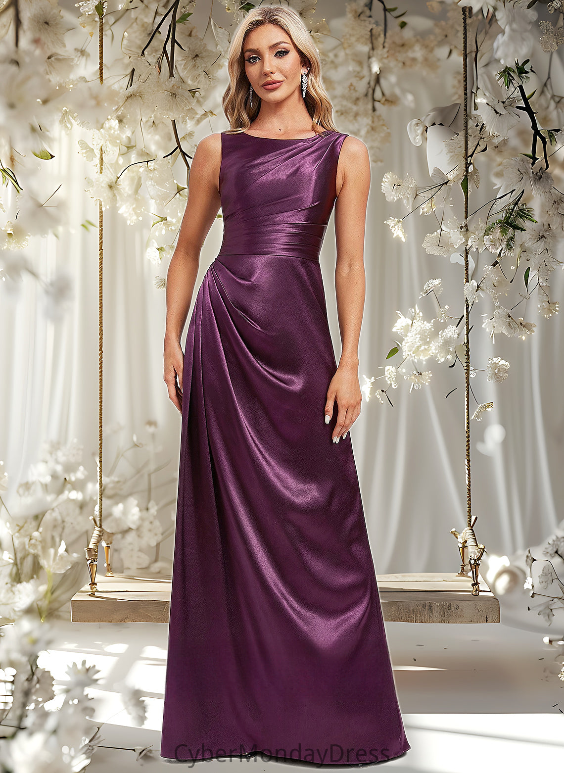 Amaya A-line Scoop Floor-Length Stretch Satin Bridesmaid Dress DTP0025829