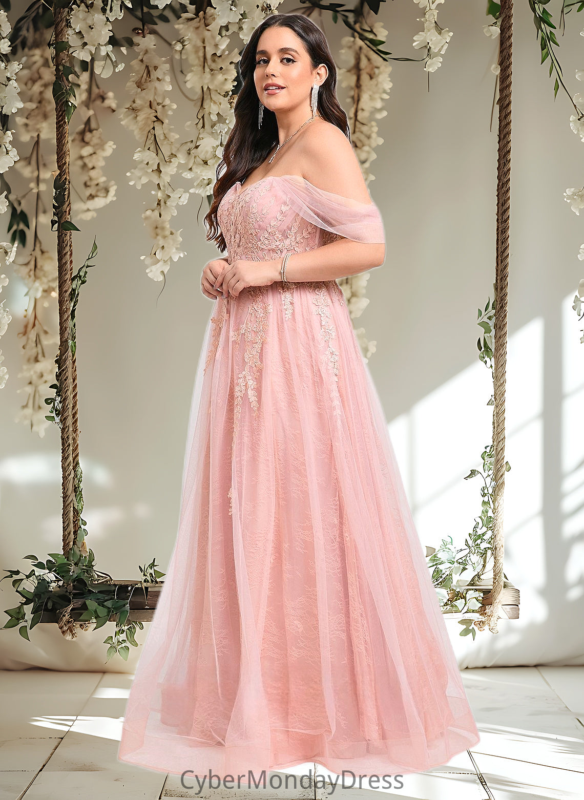 Diya A-line Sweetheart Off the Shoulder Floor-Length Tulle Floral Lace Prom Dresses With Appliques Lace DTP0025870