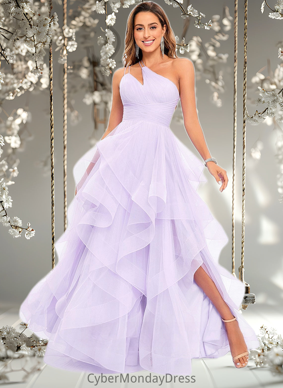 Lilianna Ball-Gown/Princess Asymmetrical One Shoulder Floor-Length Tulle Prom Dresses DTP0025867